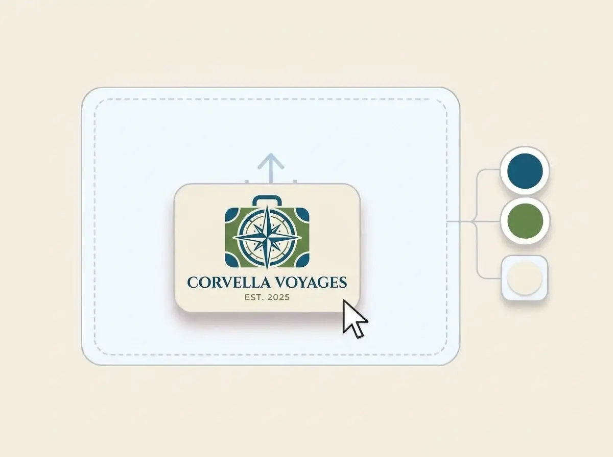 Corvella Voyages logo, a compass rose inside a suitcase outline in ocean blue and palm green, dropped into the LOGO.com upload box with its colors picked out
