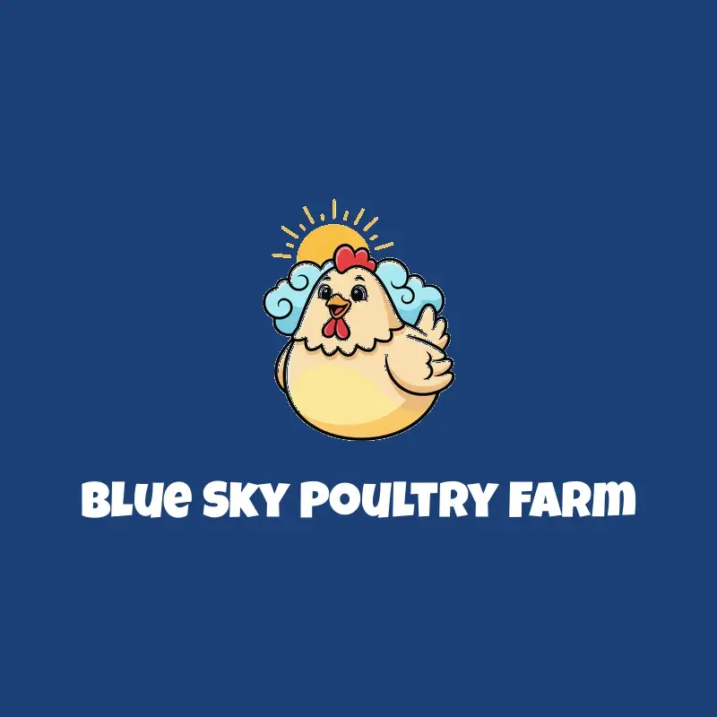 The farm name Blue Sky Poultry Farm as a branded logo in a cartoon style