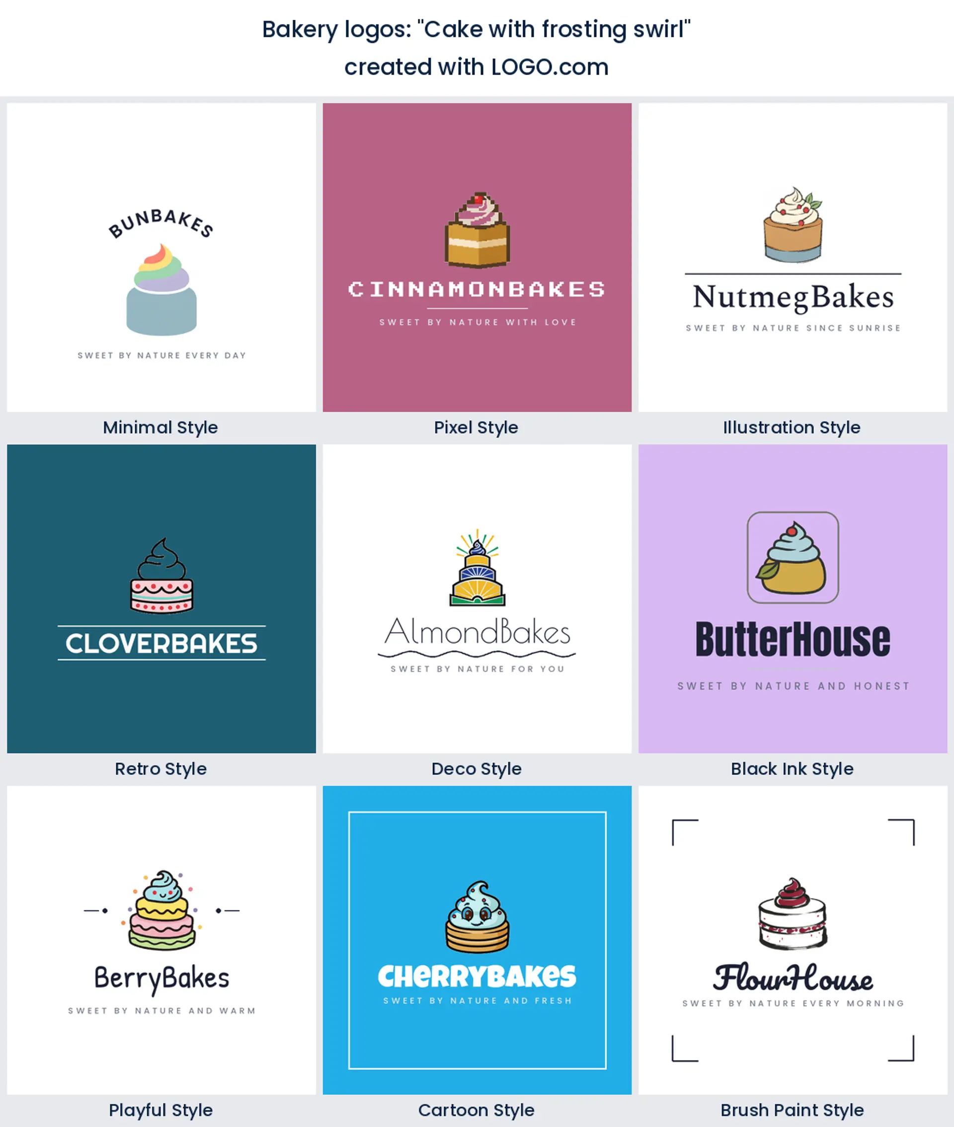 Cake with frosting swirl bakery logo in nine styles.