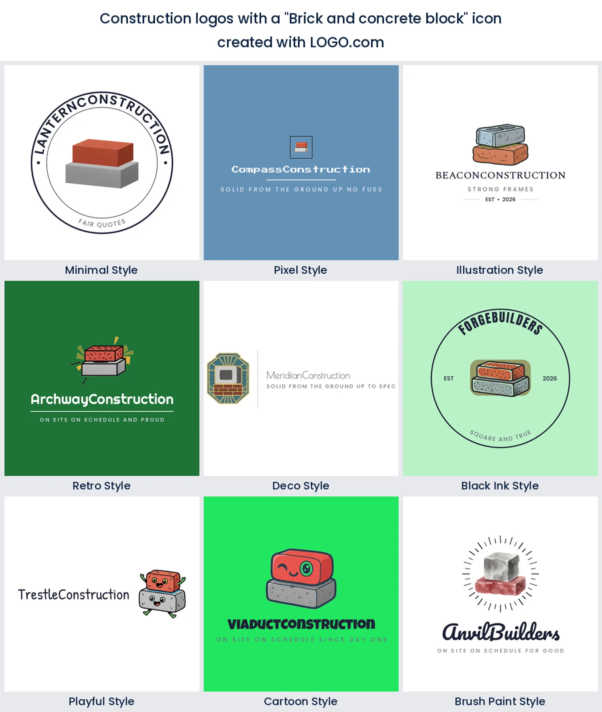 Brick and concrete block icon for a construction brand, shown in nine LOGO.com styles