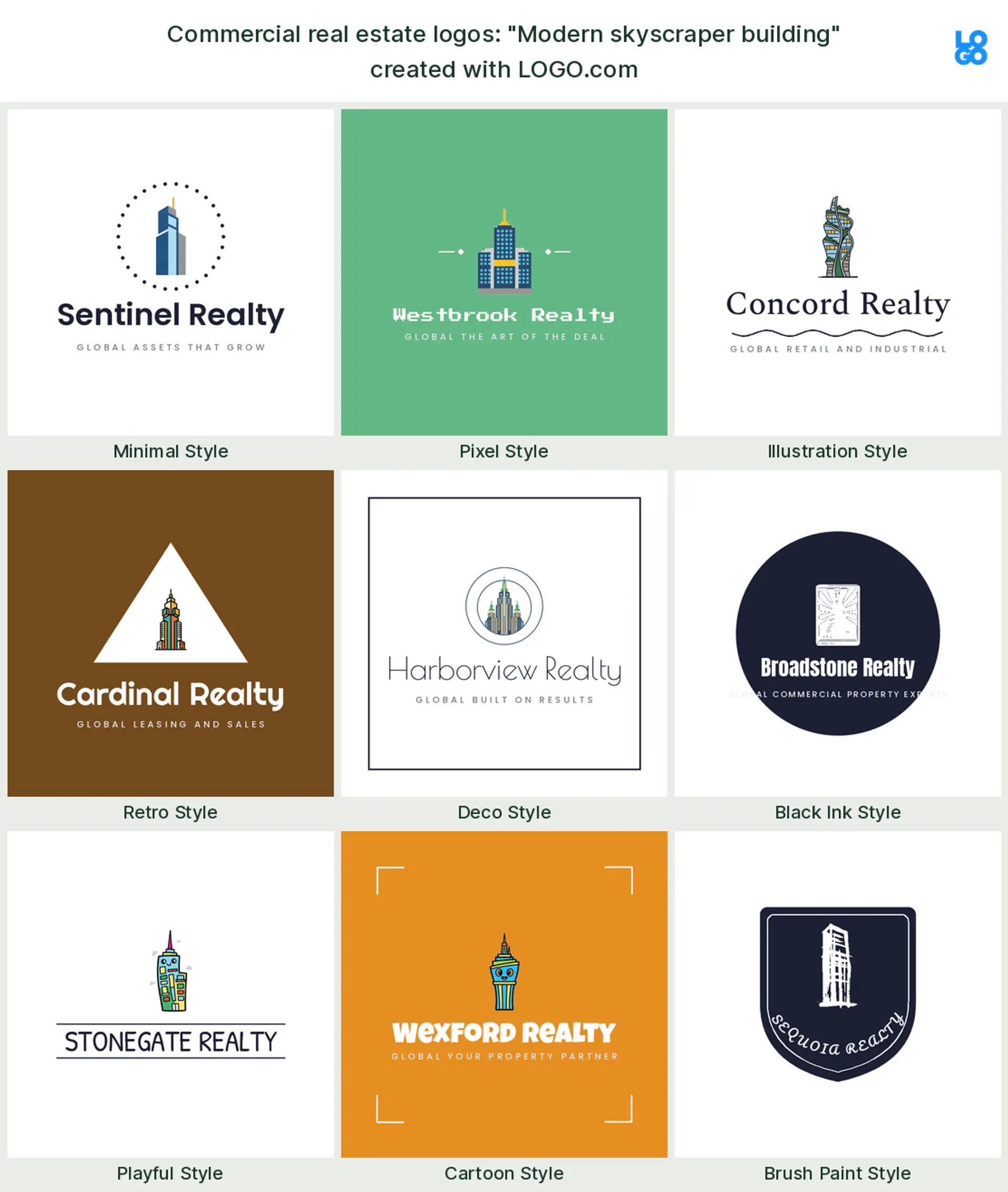 The "Modern skyscraper building" commercial real estate logo idea, shown across nine styles on LOGO.com