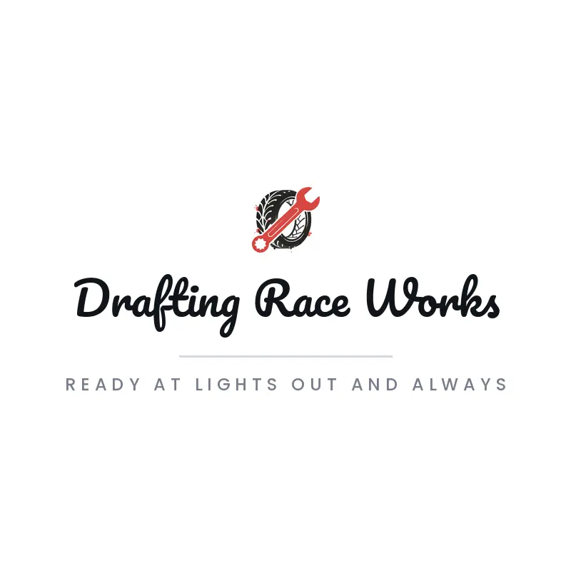 A brushed race tire and wrench mark beside a race preparation workshop name.