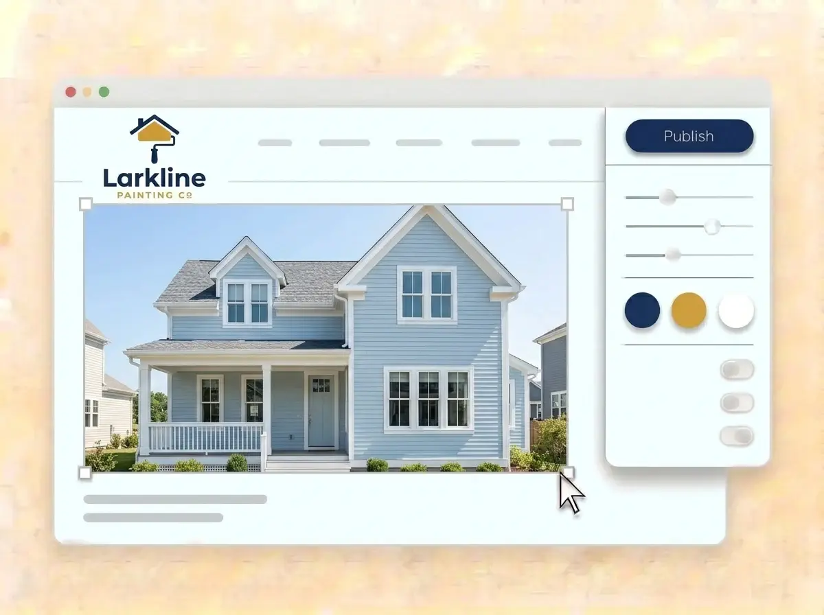 Editing the Larkline website with a photo of a freshly painted pale blue house selected, the style panel open and the navy Publish button ready