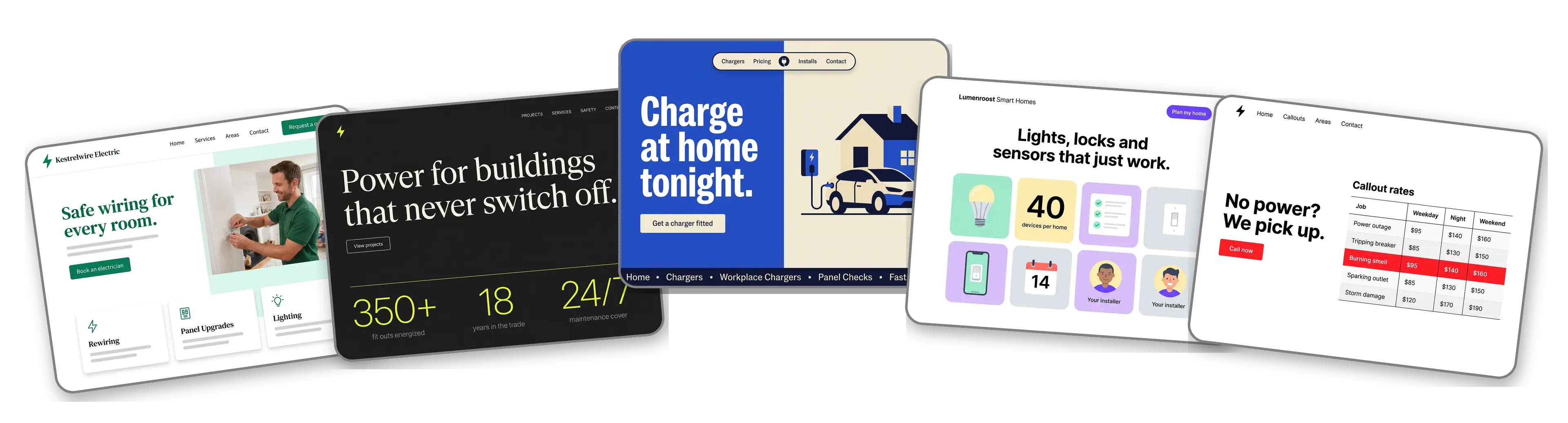 Five electrical business websites built with LOGO.com from a logo upload: a residential electrician, a commercial electrical contractor, an EV charger installer, a smart home and lighting installer and an emergency electrician