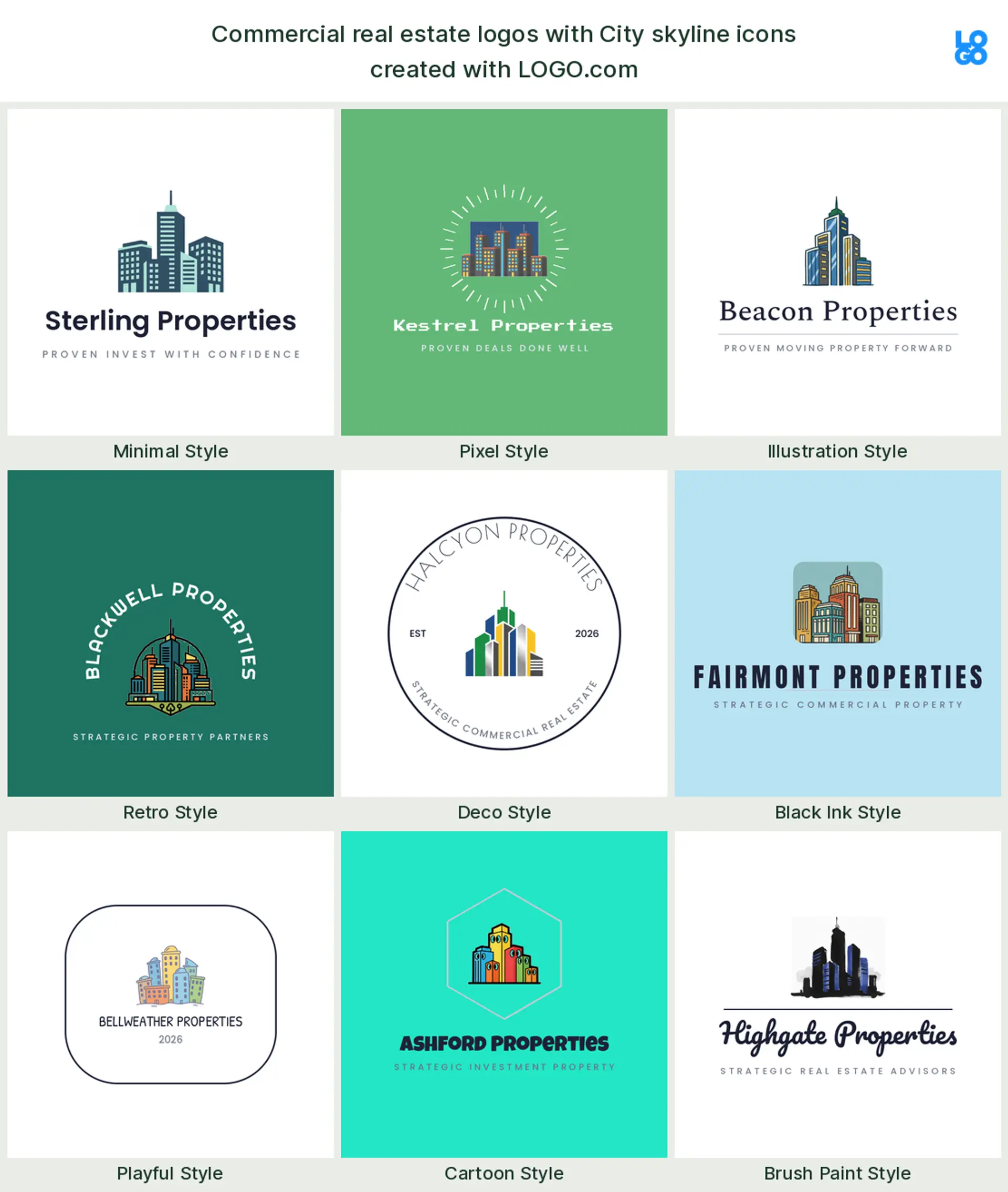 A city skyline, a popular commercial real estate logo symbol, shown across nine styles on LOGO.com