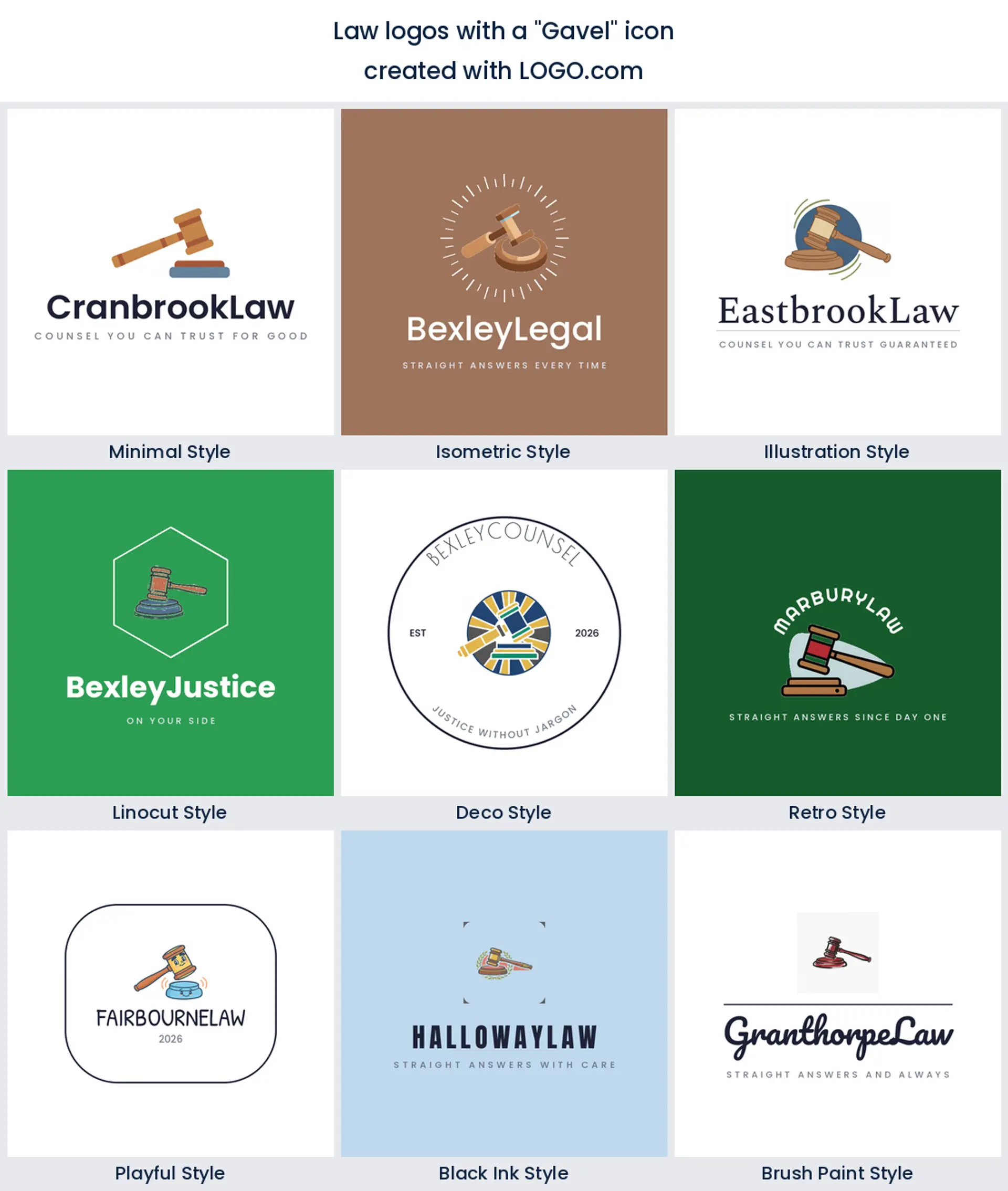 Nine gavel logo designs for legal brands shown in the LOGO.com styles