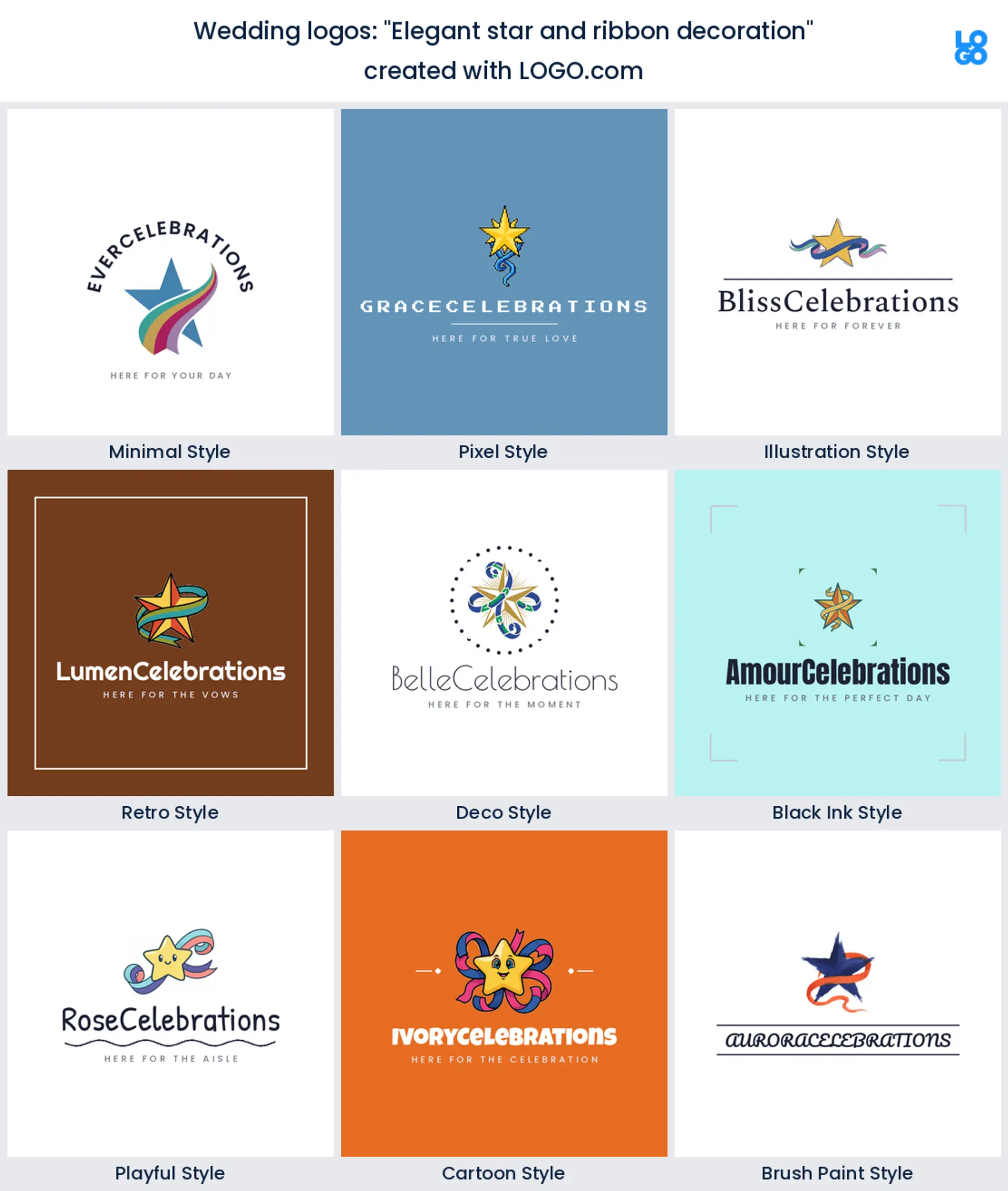 Elegant star and ribbon decoration, a wedding logo idea shown in nine LOGO.com styles