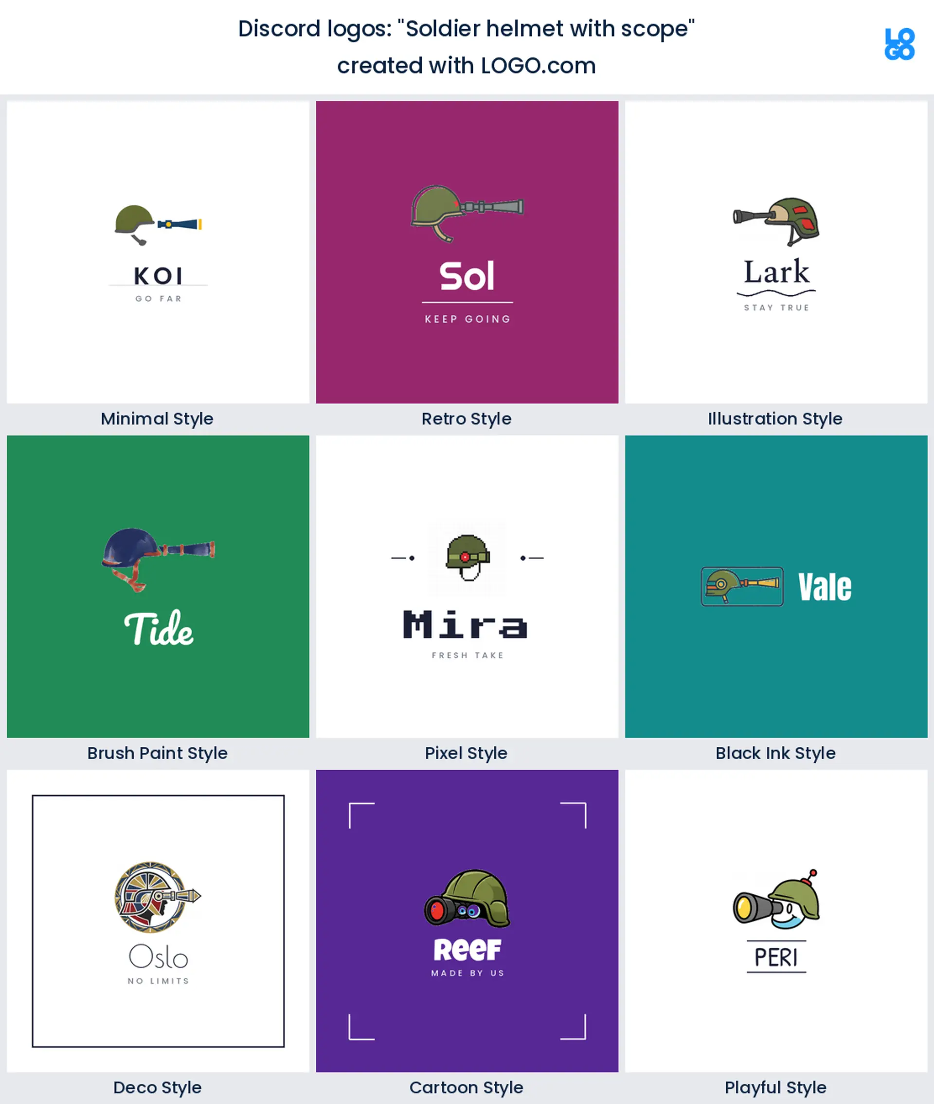 Soldier helmet with scope, Discord server logo shown in nine LOGO.com styles