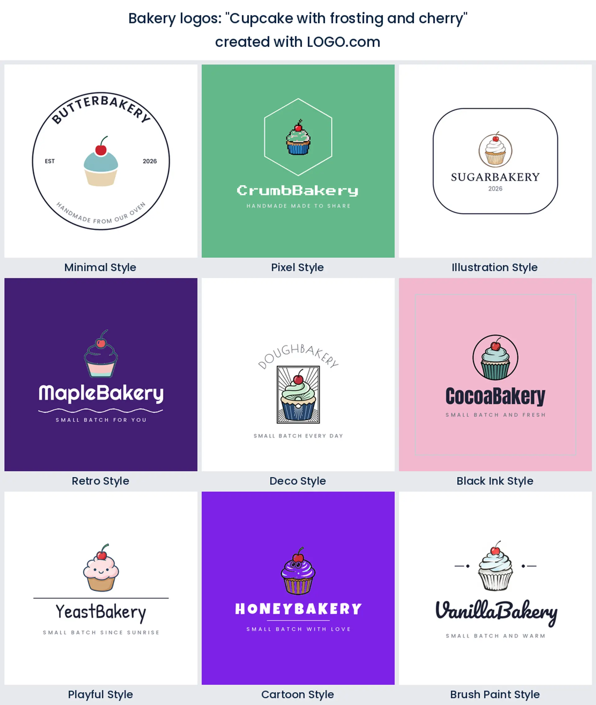 Cupcake with frosting and cherry bakery logo in nine styles.