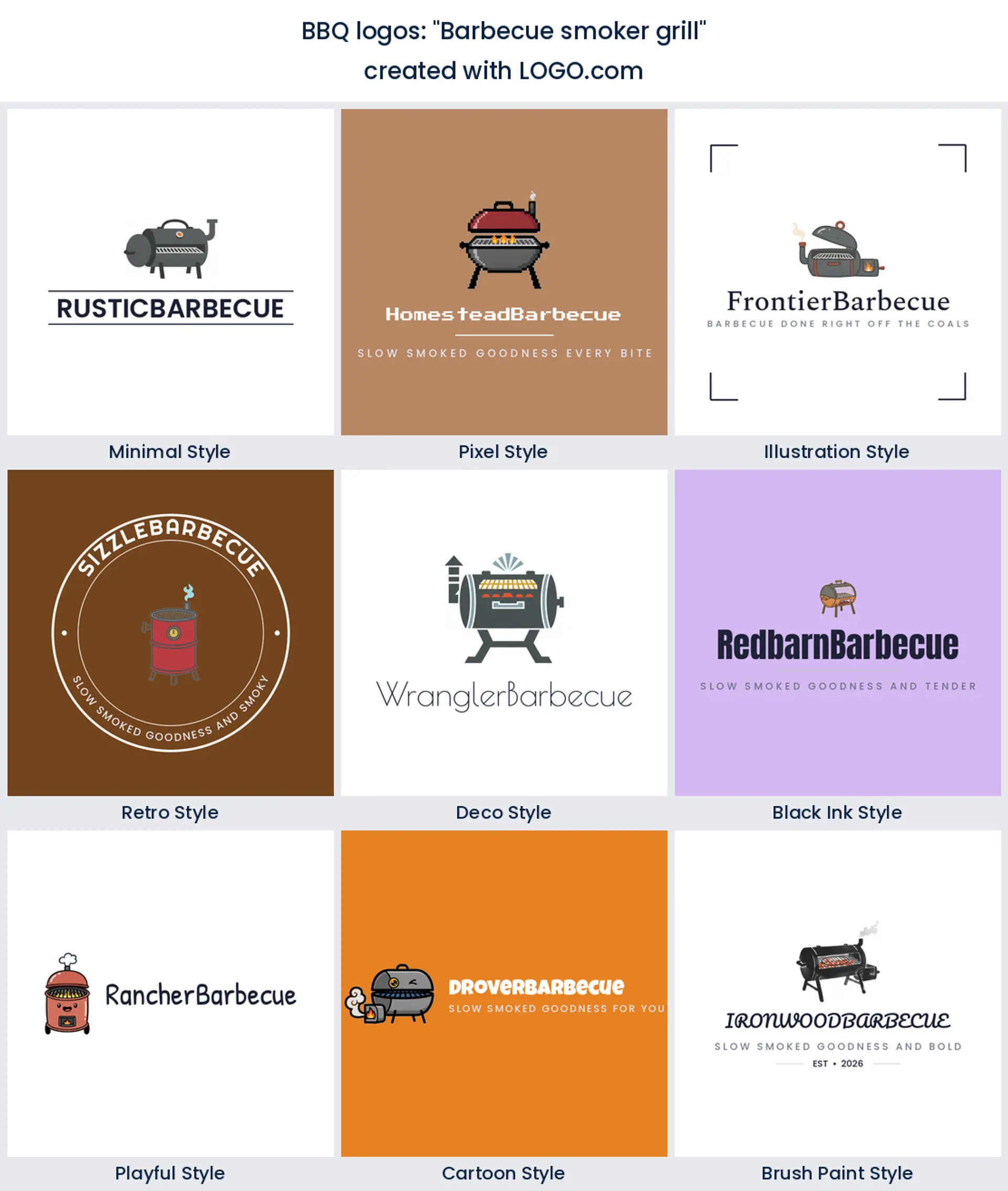 Barbecue smoker grill logo in nine styles.