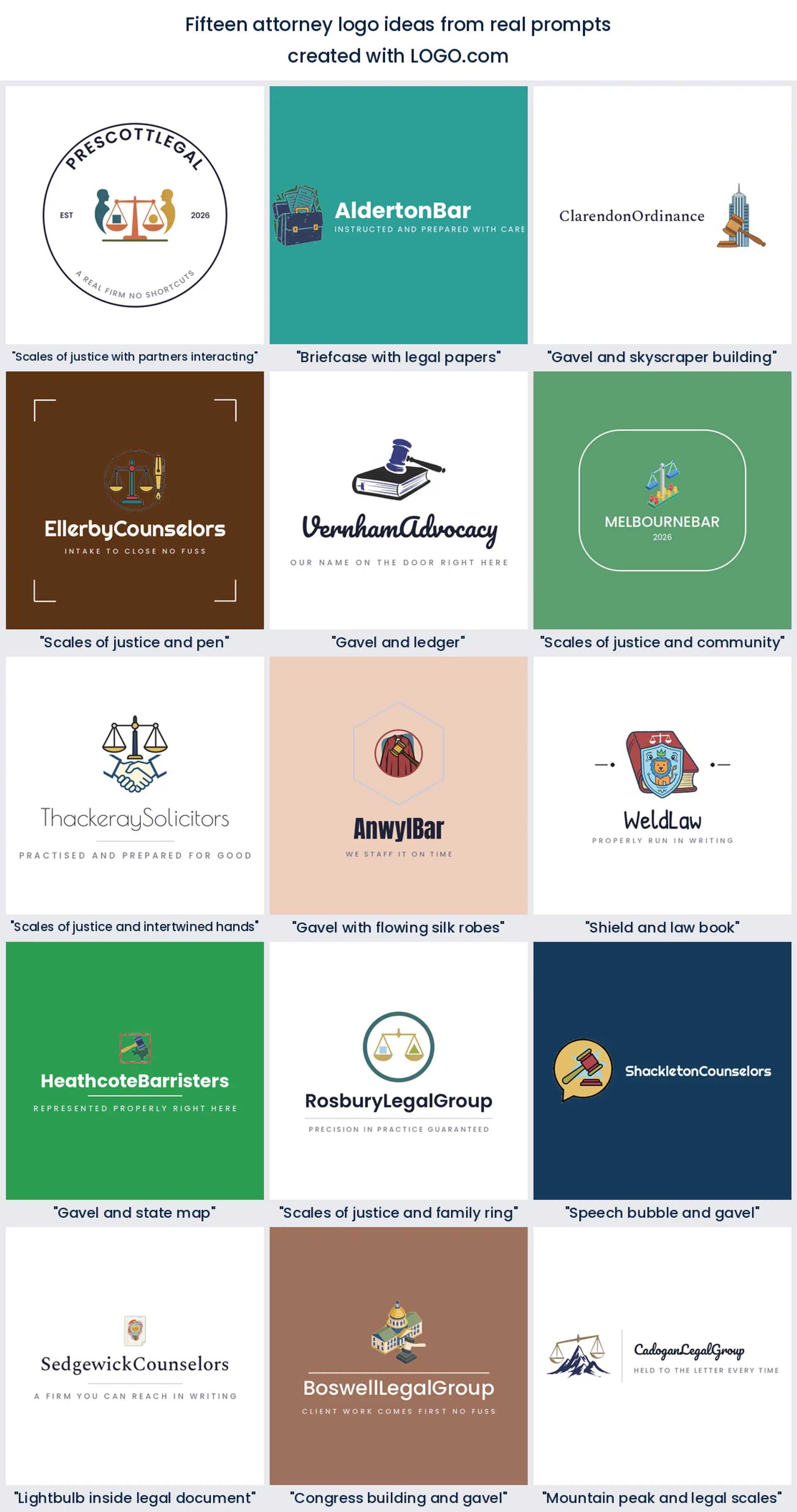 Overview of fifteen attorney logo ideas taken from real founder prompts on LOGO.com