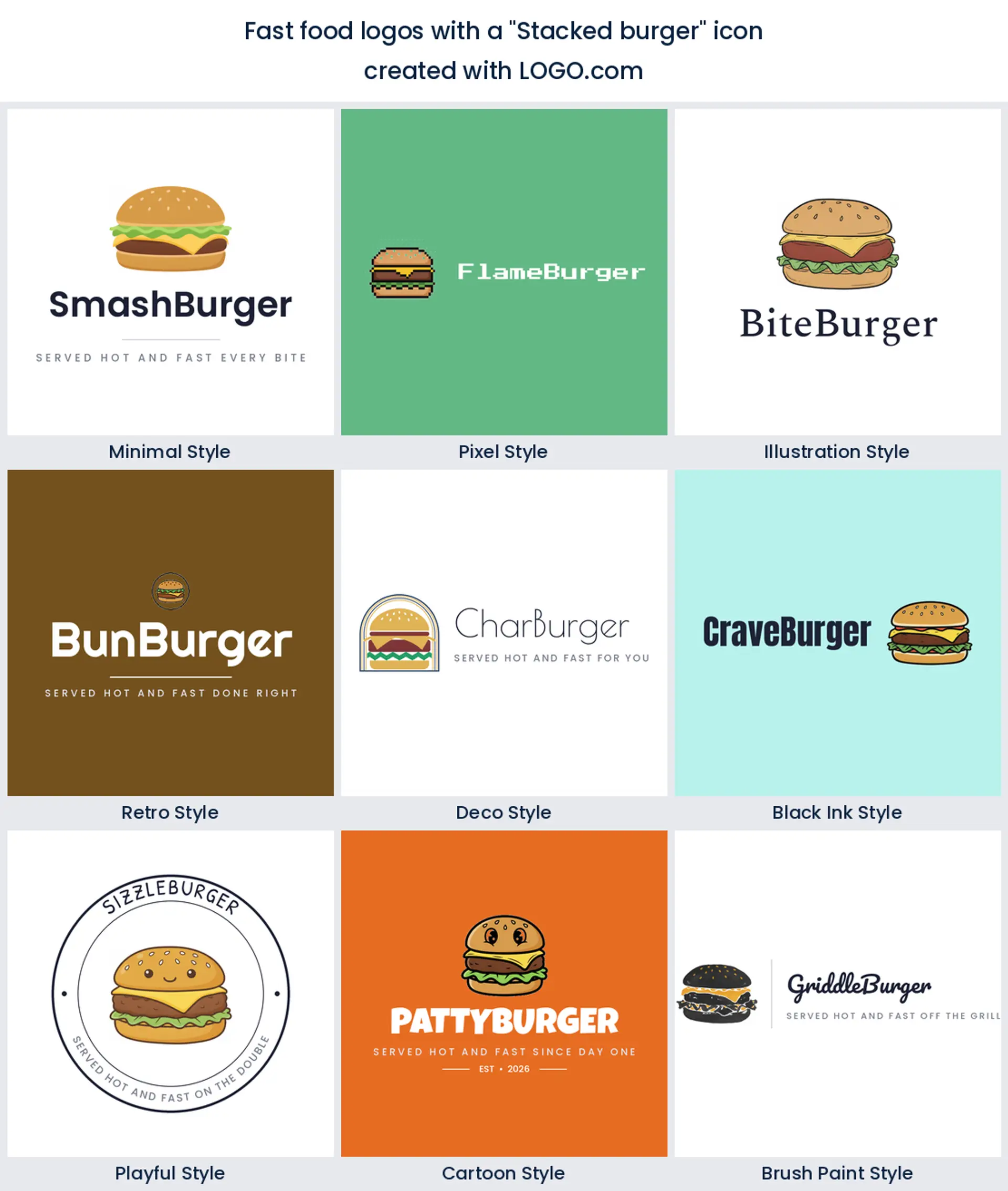 Stacked burger fast food logo shown in nine LOGO.com styles.