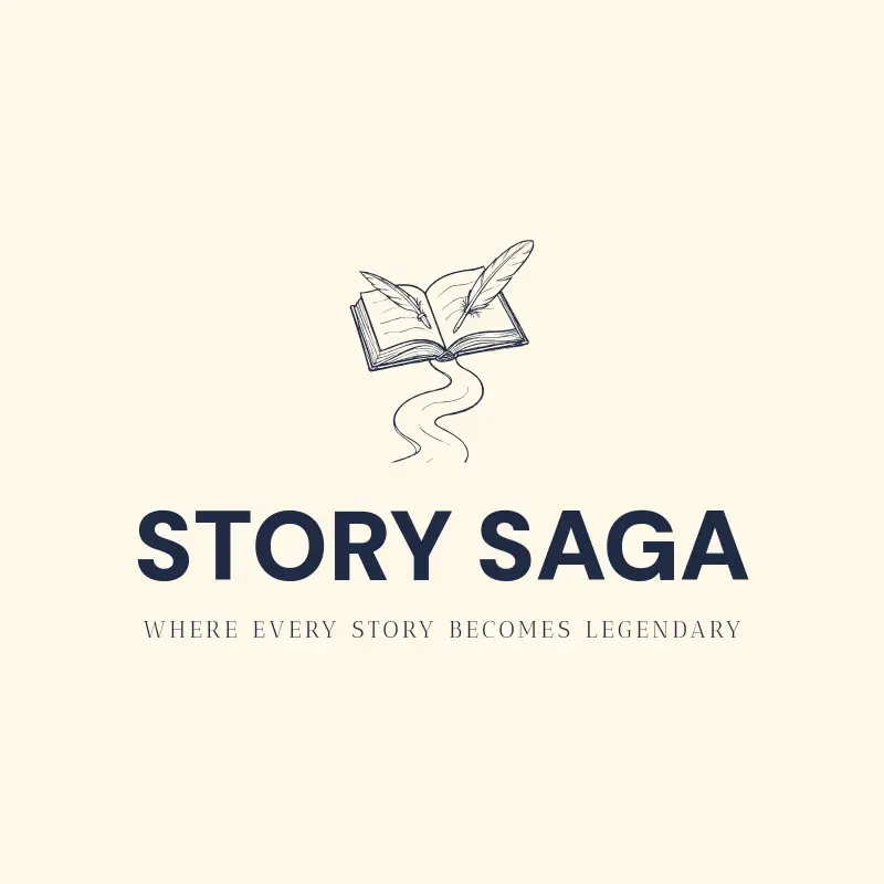 The podcast name Story Saga as a branded logo with a single color icon
