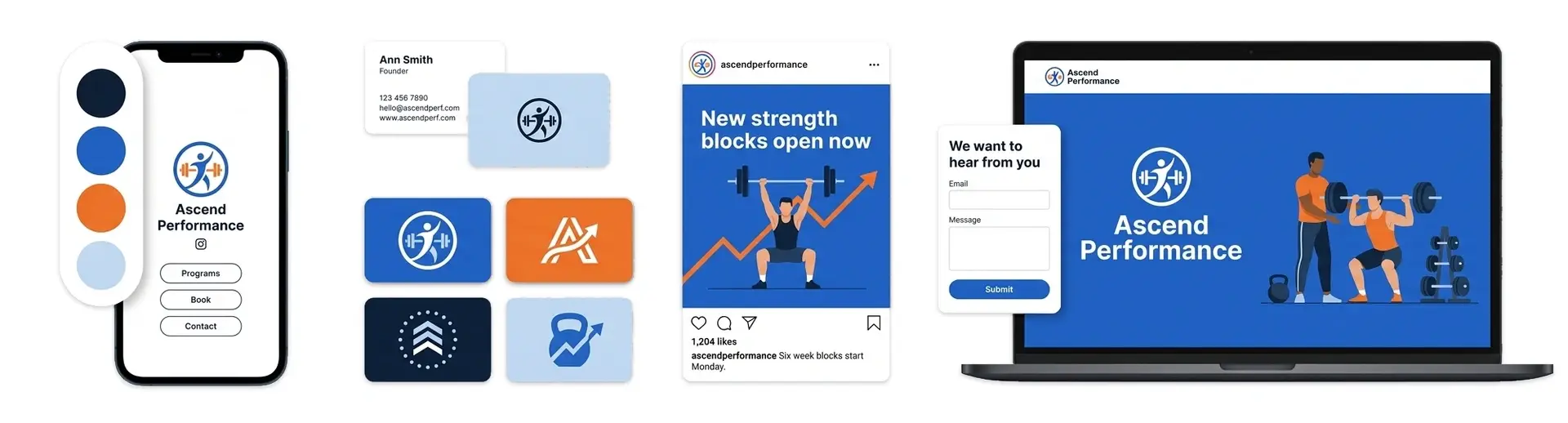 Personal trainer logo branding for a coaching studio, with the personal trainer logo shown on a phone, business cards, and a website