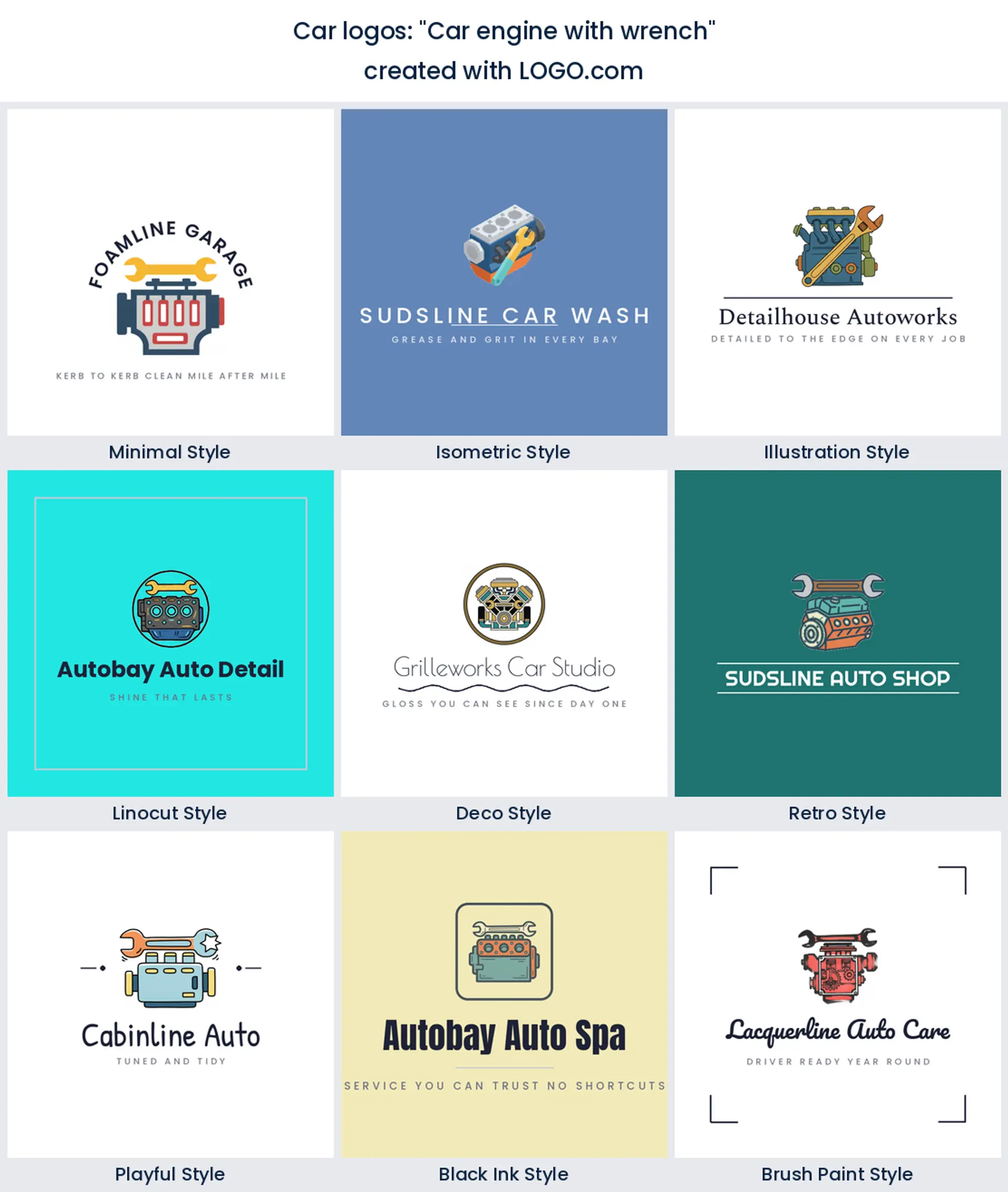 Nine auto shop logos of an engine block with a wrench across it, in nine styles.