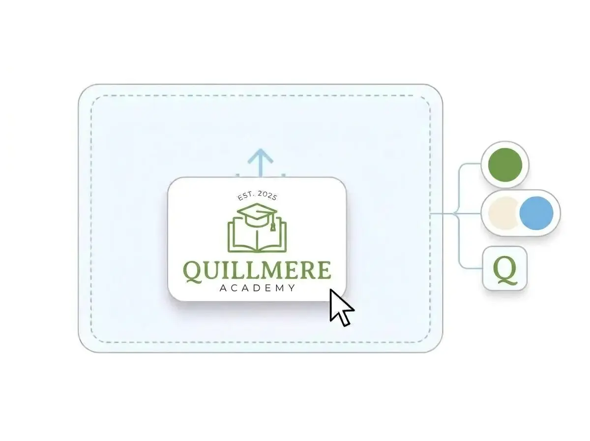 Quillmere Academy logo dropped into the LOGO.com upload box, with its leaf green open book and graduation cap mark and its cream and sky blue colors picked out