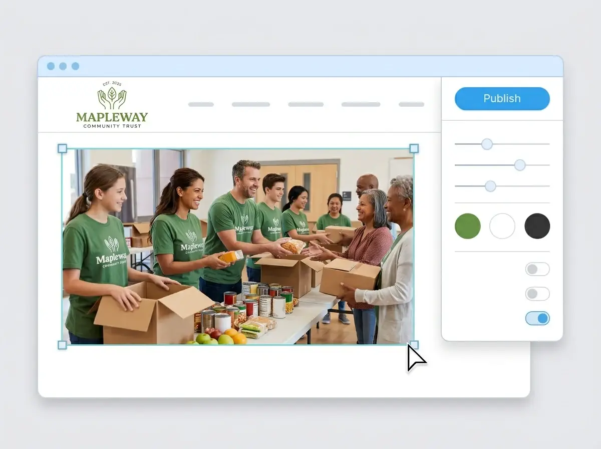 Editing the Mapleway Community Trust website with a photo of volunteers handing out food boxes selected, the style panel open and the Publish button ready