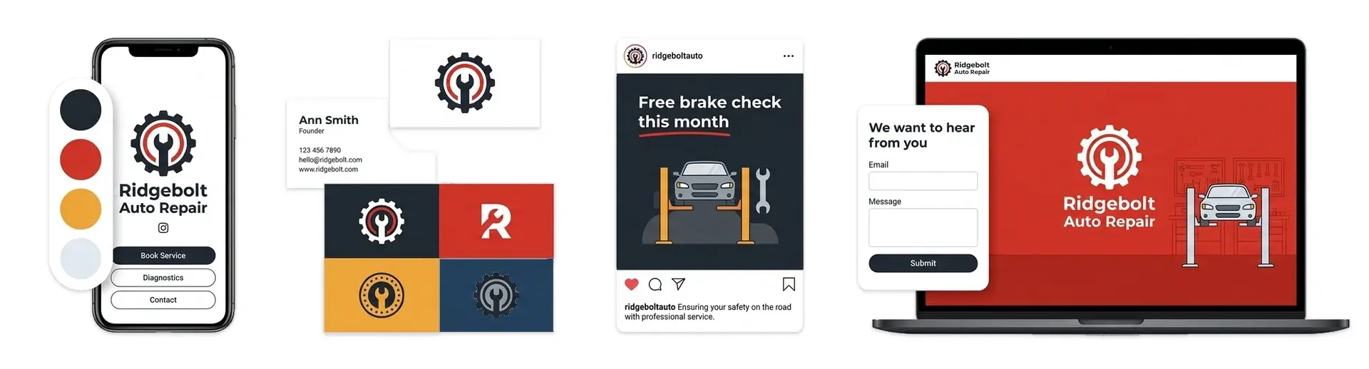 Auto repair logo and brand kit for Ridgebolt Auto Repair on a phone, business cards, a social post, and a website