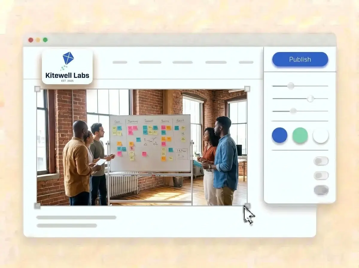 Editing the Kitewell Labs website with a team whiteboard photo selected, the style panel open and the cobalt blue Publish button ready