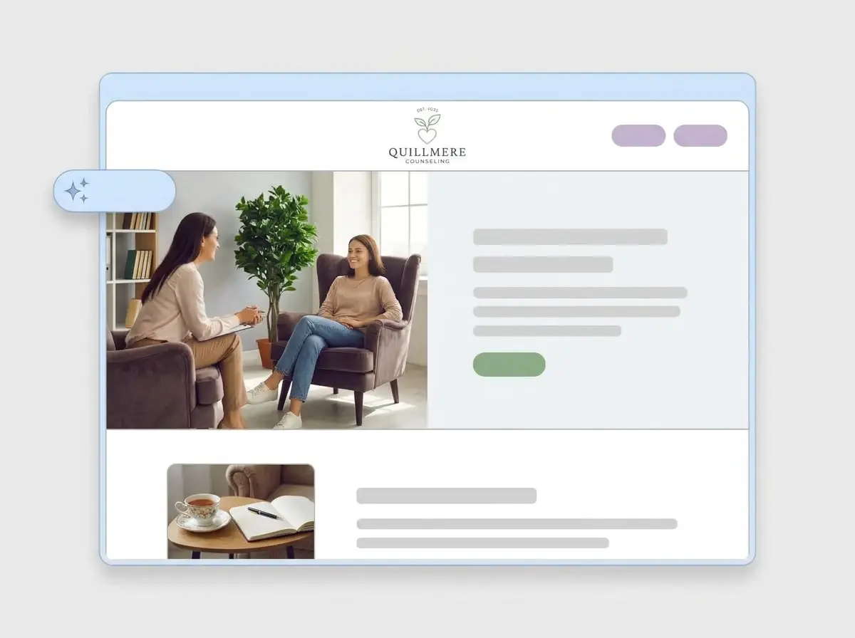 Finished Quillmere Counseling therapist website built by LOGO.com, with a counselor listening to a client in a calm room and a cup of tea thumbnail