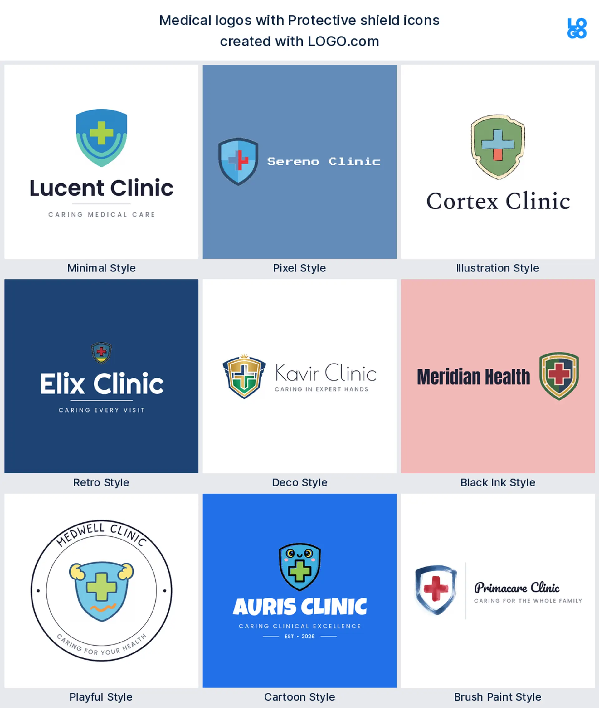 Protective shield shown across nine LOGO.com medical logo styles