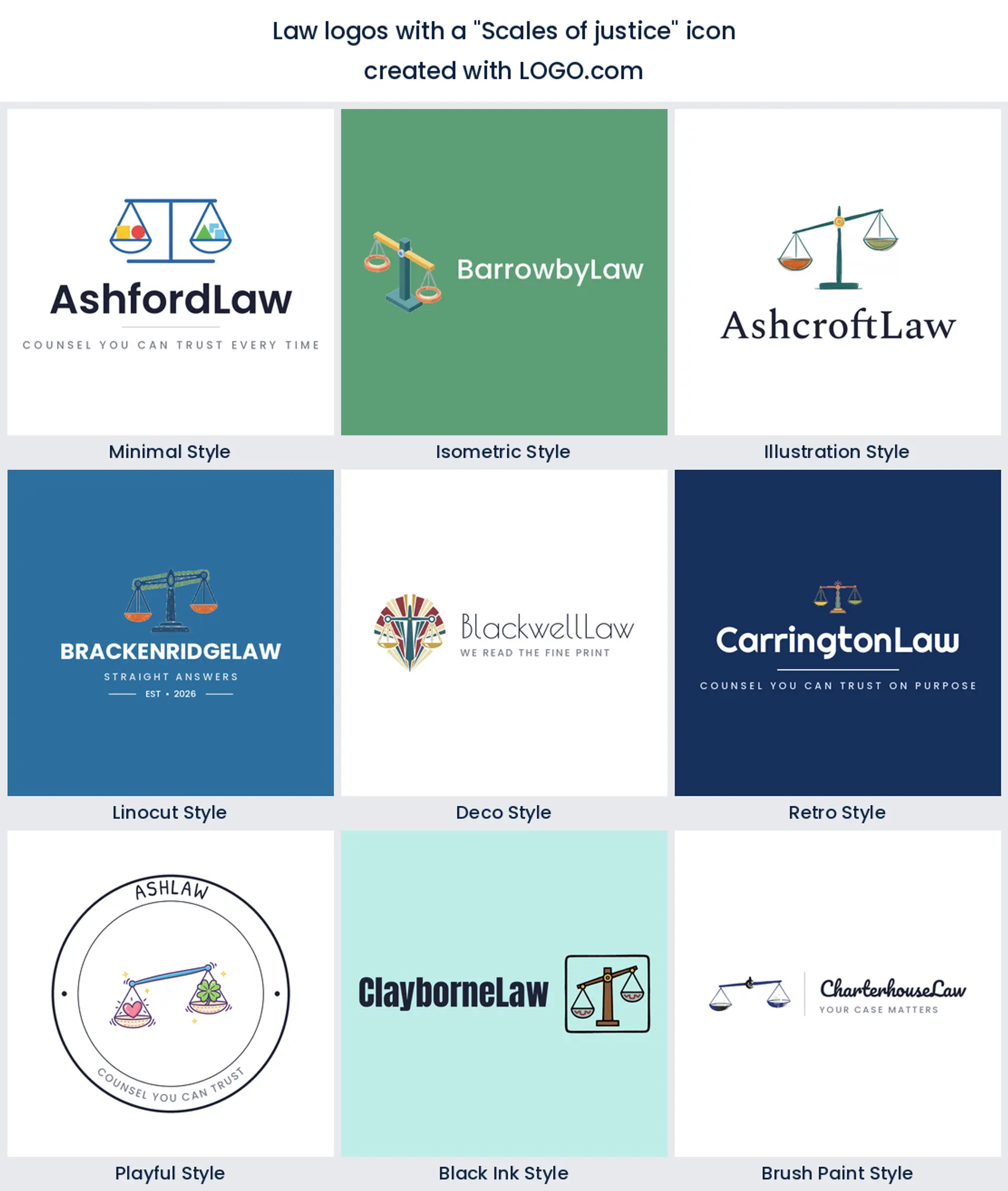 Nine scales of justice law logos shown across every LOGO.com style