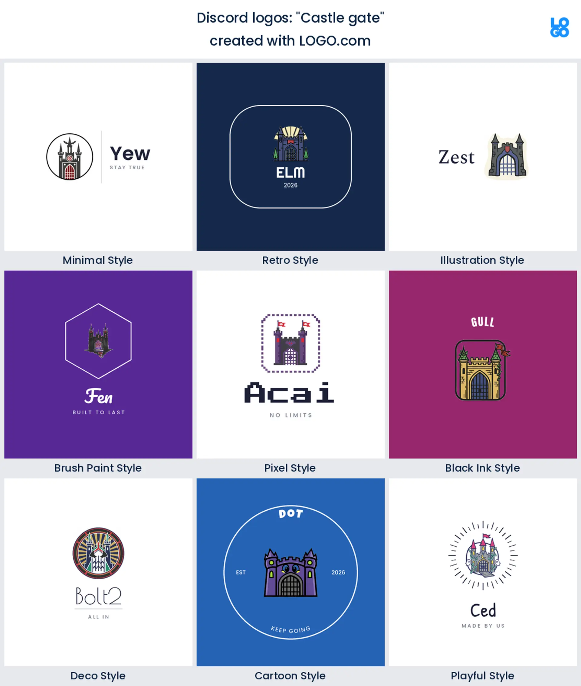 Castle gate, Discord server logo shown in nine LOGO.com styles