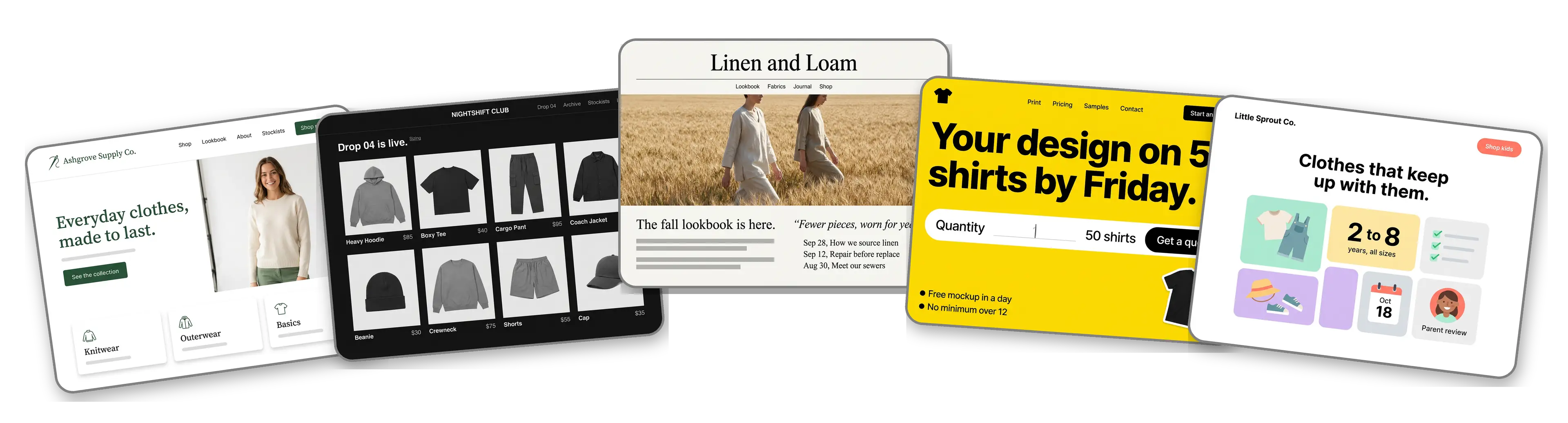 Five clothing websites built with LOGO.com from a logo upload: an independent clothing brand, a streetwear drop, a sustainable fashion lookbook, a custom t shirt printing shop and a children's clothing brand