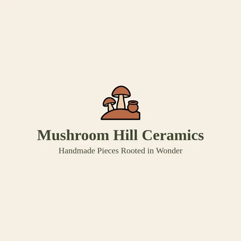 The art business name Mushroom Hill Ceramics as a branded logo with a color icon