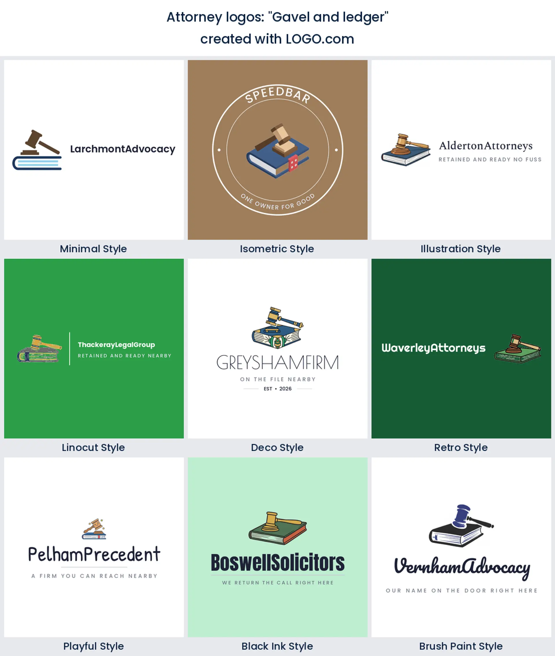Nine styles of law office logo with a gavel resting on a bound ledger