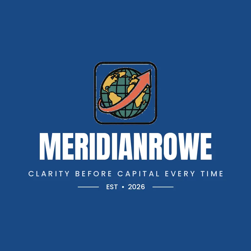 Black ink wealth management logo for MeridianRowe with a globe wrapped by an upward chart on deep blue