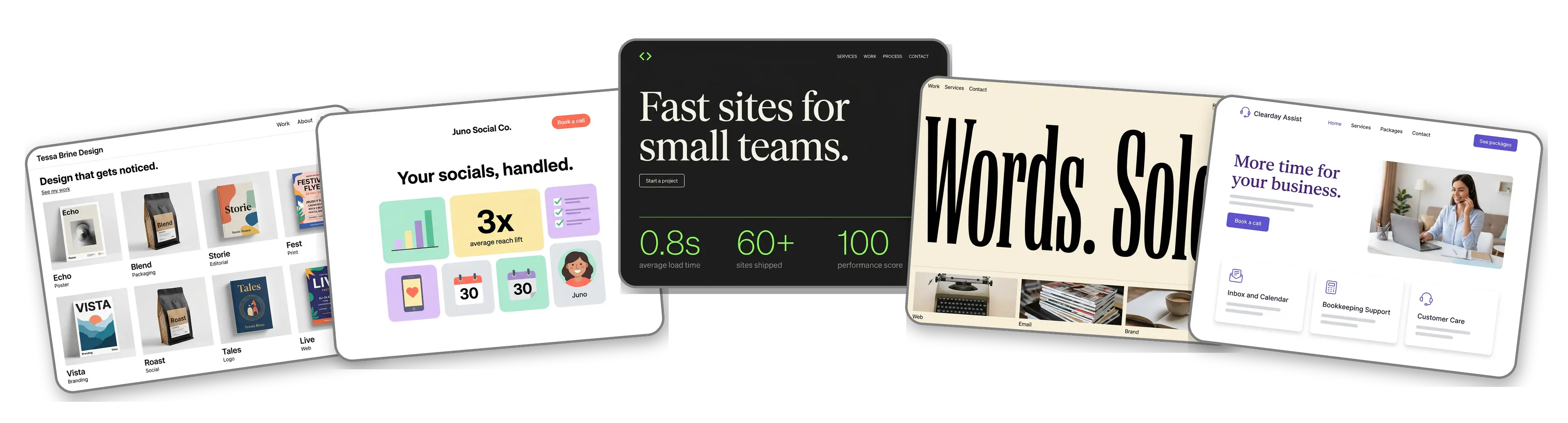 Five freelancer websites built with LOGO.com from a logo upload: a graphic designer, a social media manager, a web developer, a copywriter and a virtual assistant