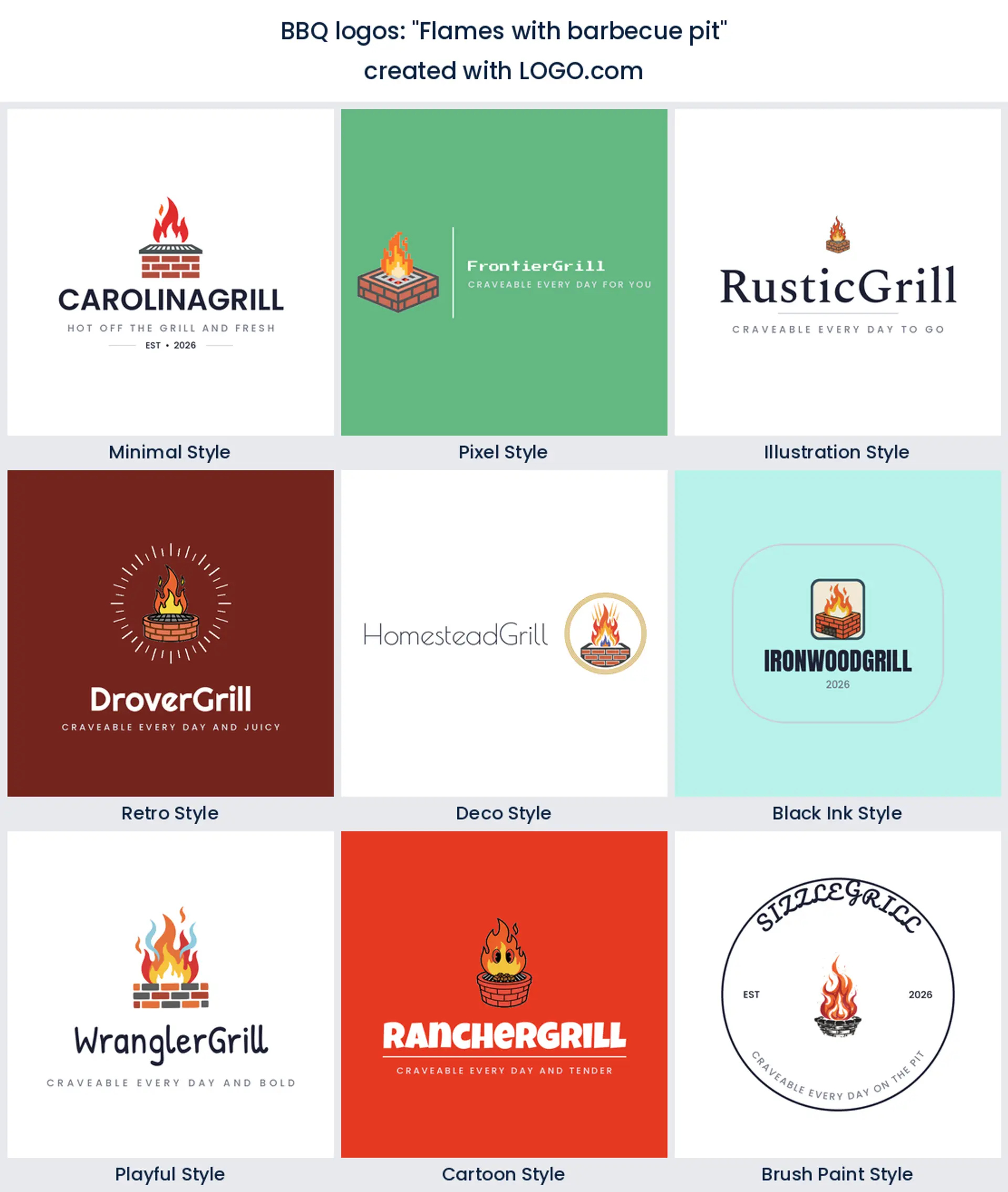 Flames with barbecue pit logo in nine styles.