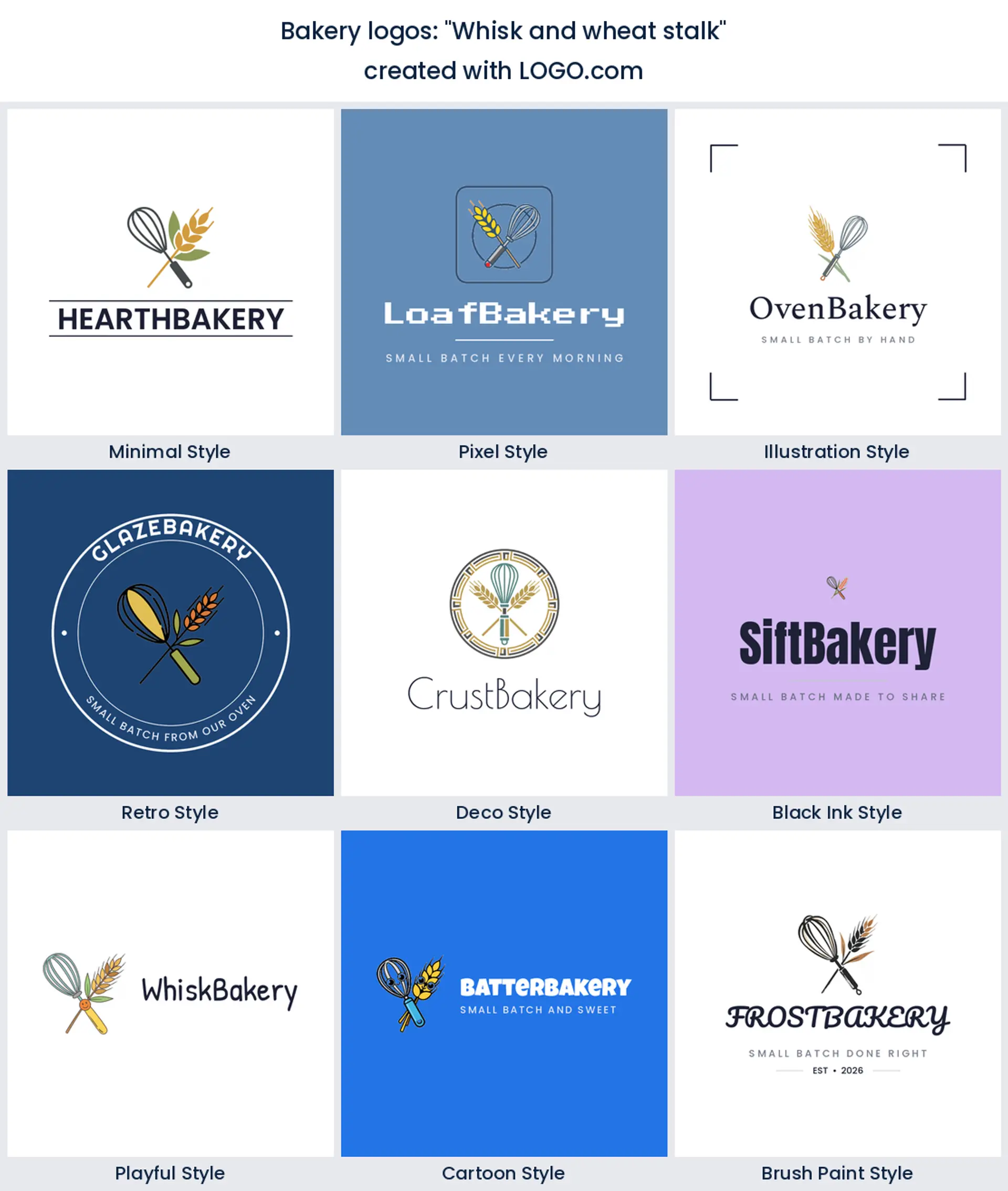 Whisk and wheat stalk bakery logo in nine styles.