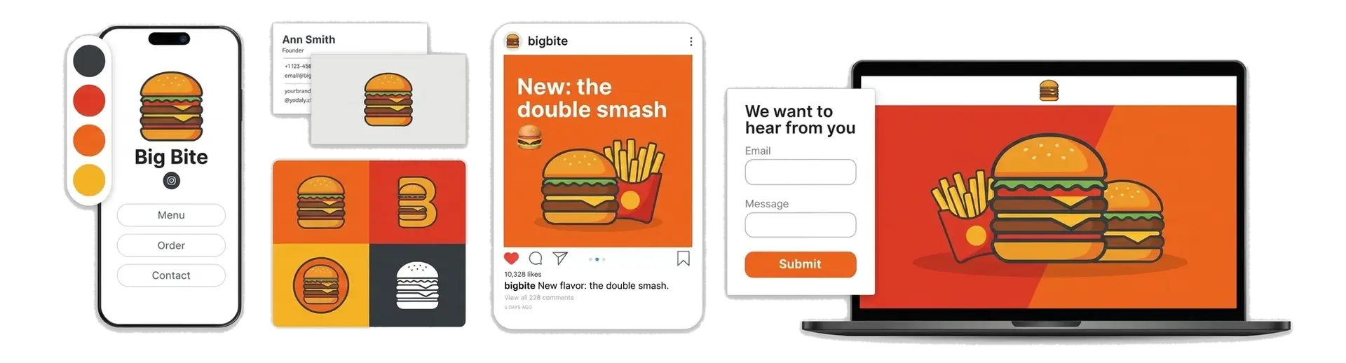 A fast food logo shown on a burger wrapper, a food truck, and a delivery app.