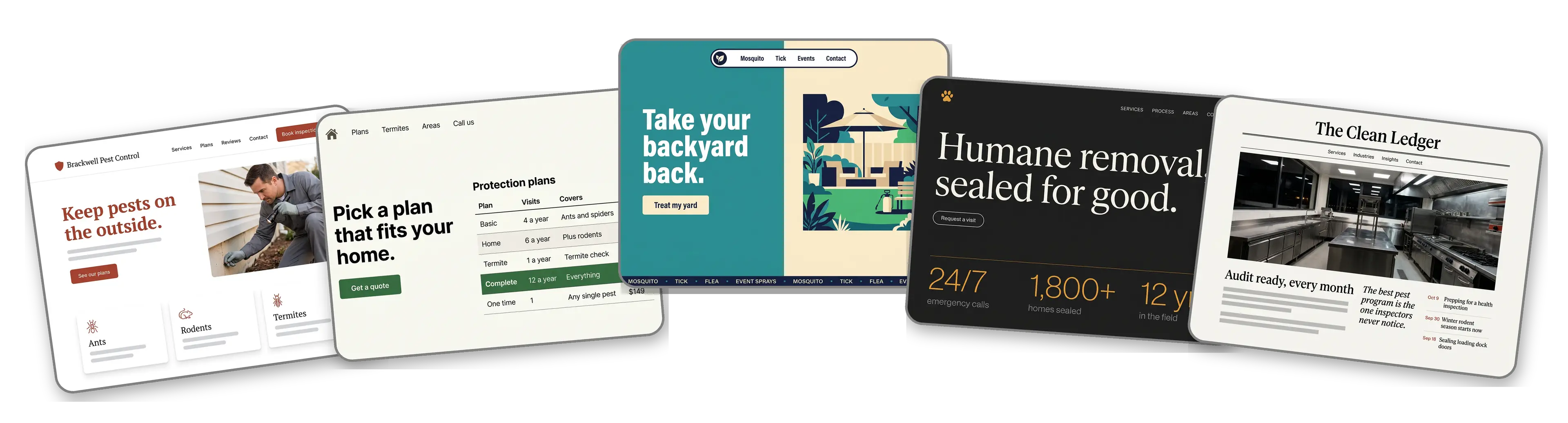 Five pest control websites built with LOGO.com from a logo upload: a residential pest control company, a termite protection plan provider, a mosquito and tick yard service, a humane wildlife removal company and a commercial pest management firm