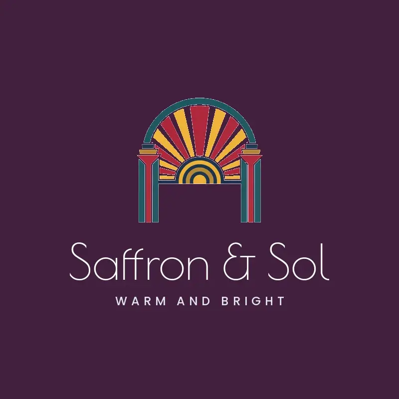 The Etsy shop name Saffron & Sol as a branded logo in a deco style