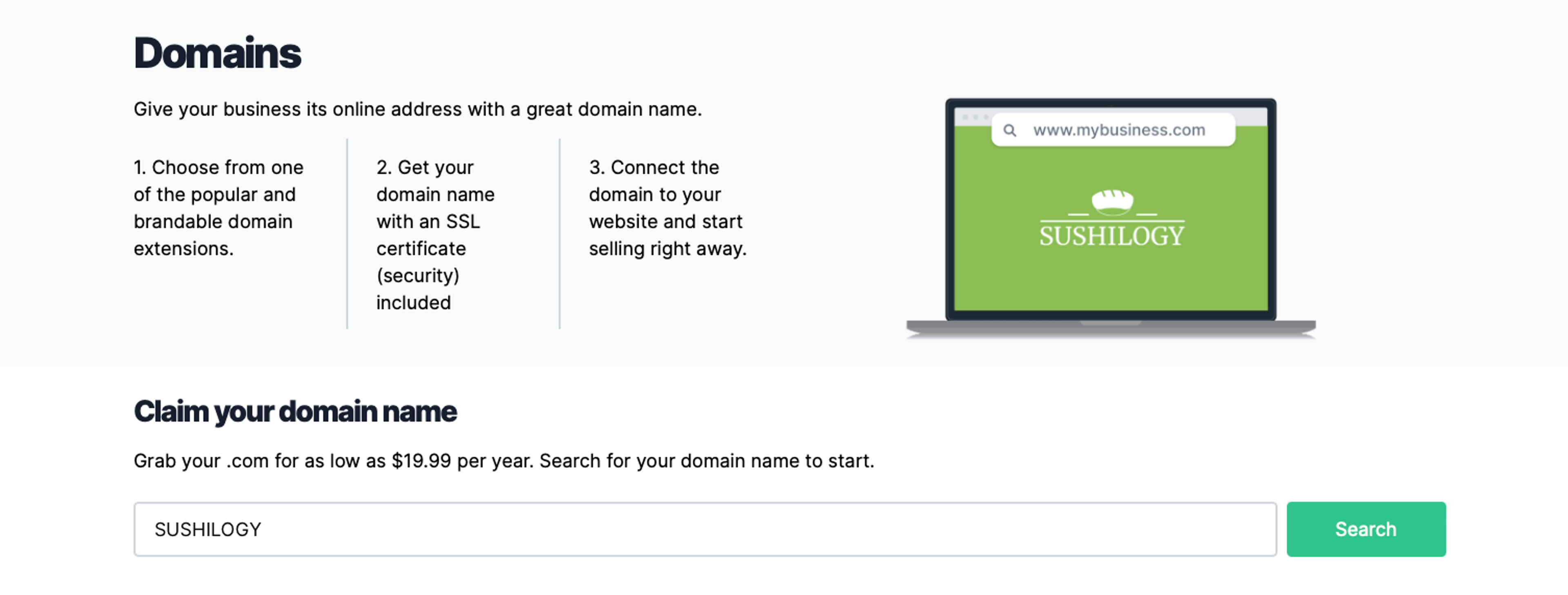 Type your business name and check for available domain names