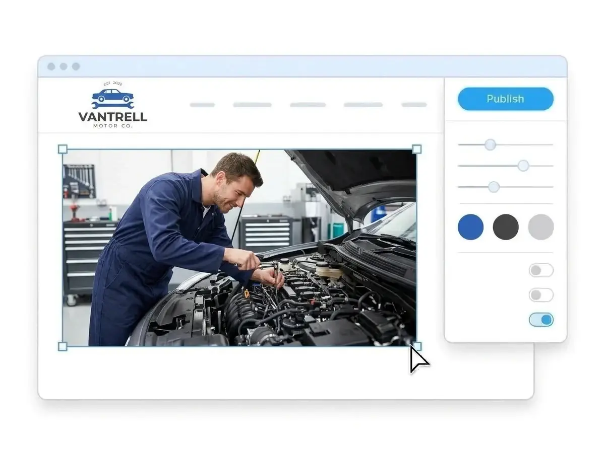 Editing the Vantrell Motor Co. website with a photo of a mechanic working under an open hood selected, the style panel open and the Publish button ready