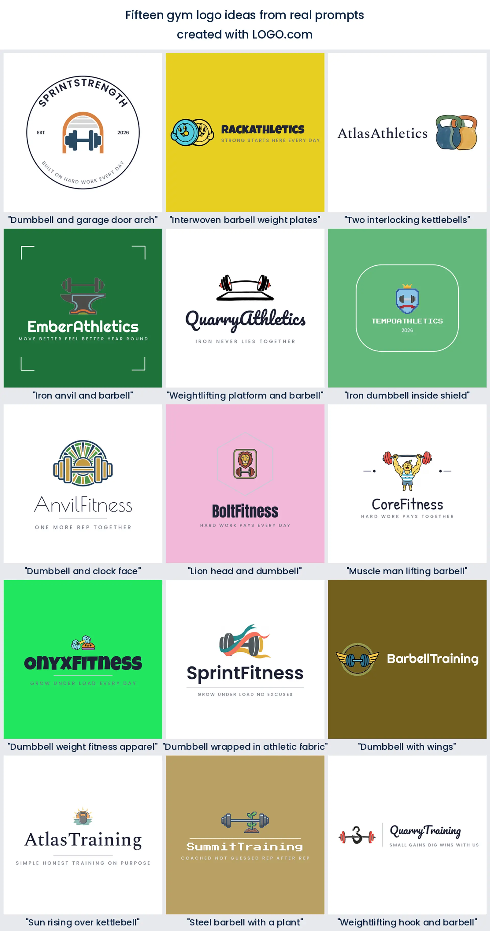 Fifteen gym logo ideas from real founder prompts shown across nine LOGO.com styles