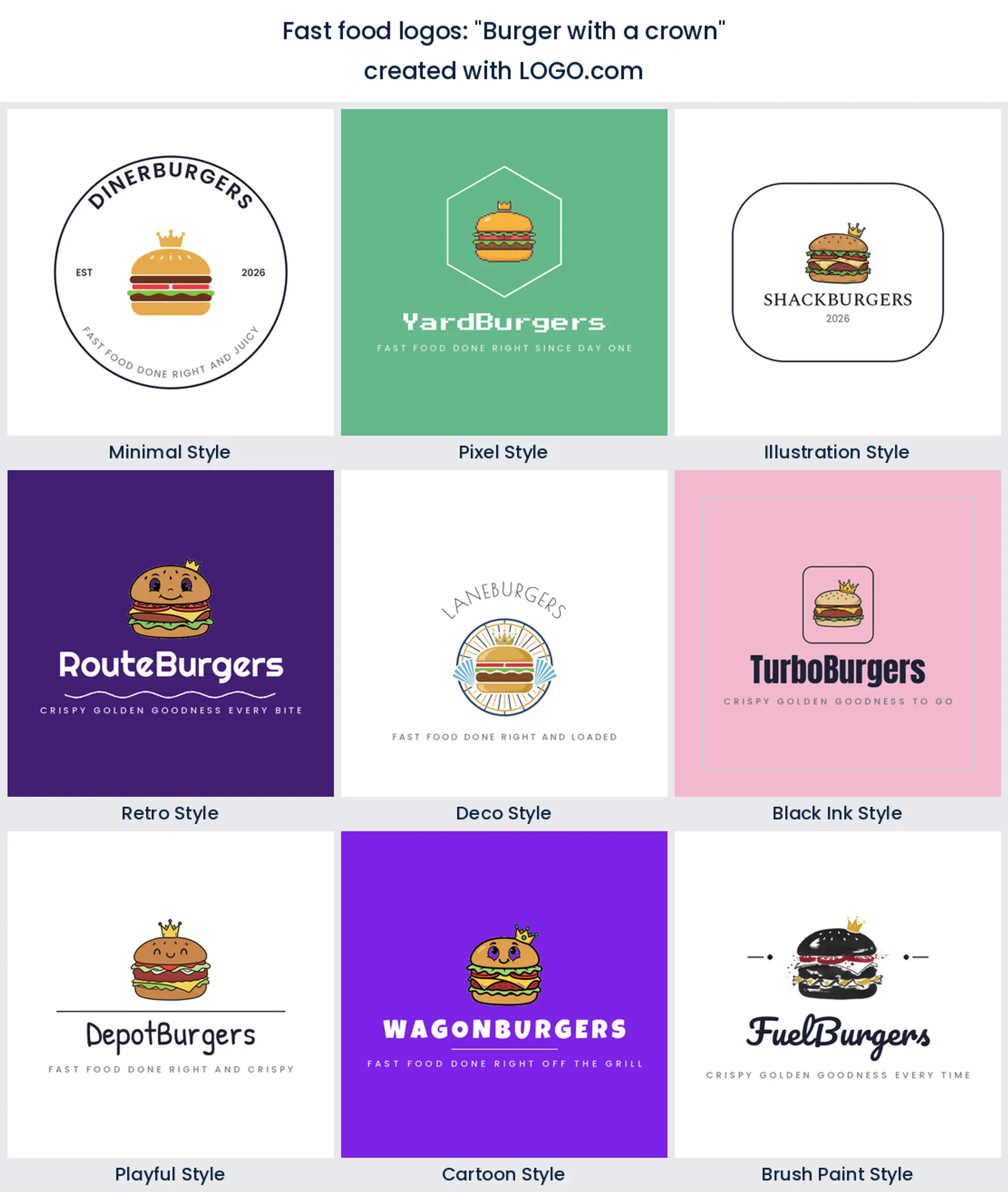 Burger with a crown logo in nine styles.
