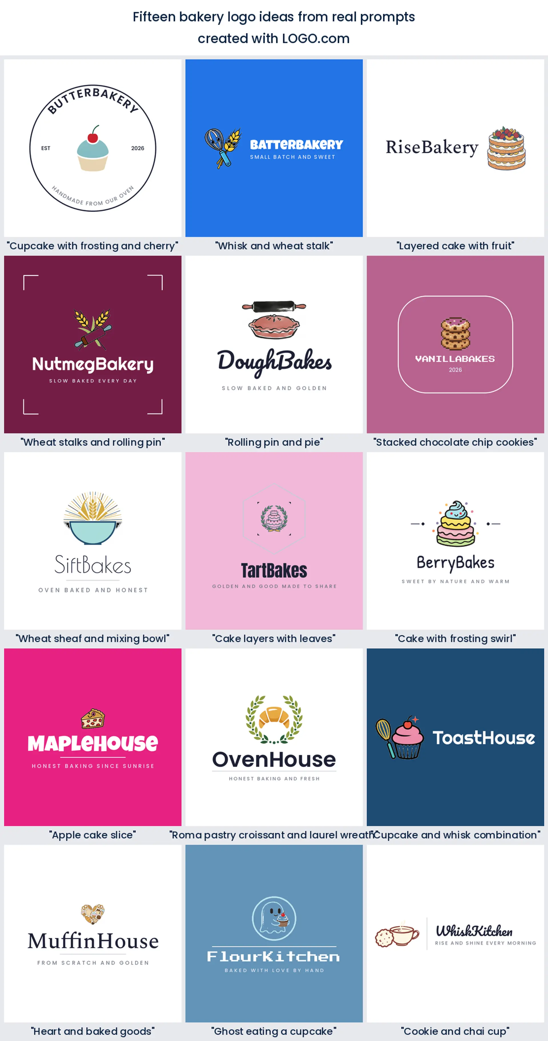 Fifteen bakery logo ideas shown across nine LOGO.com styles.