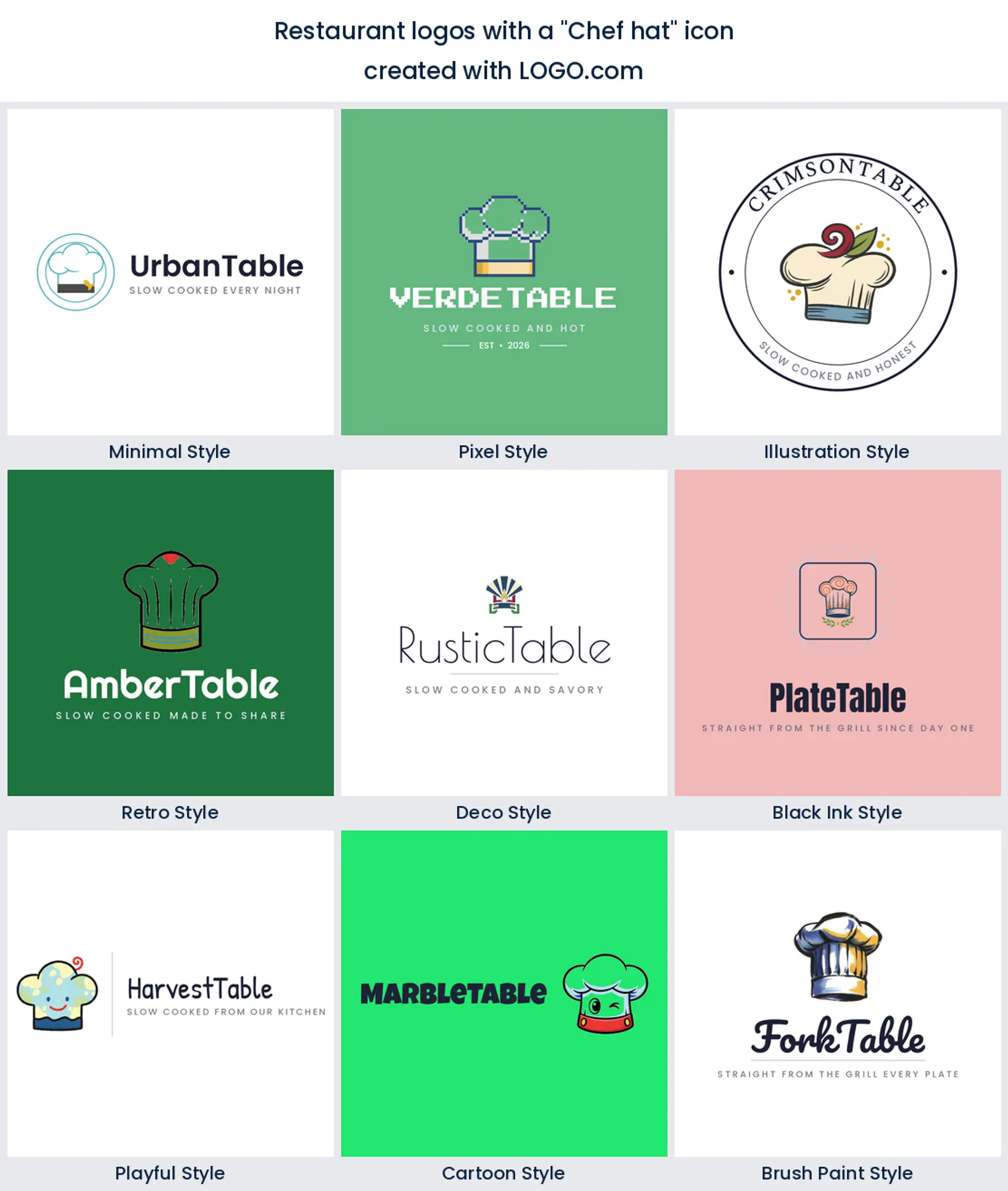 Chef hat restaurant logo shown in nine LOGO.com styles.
