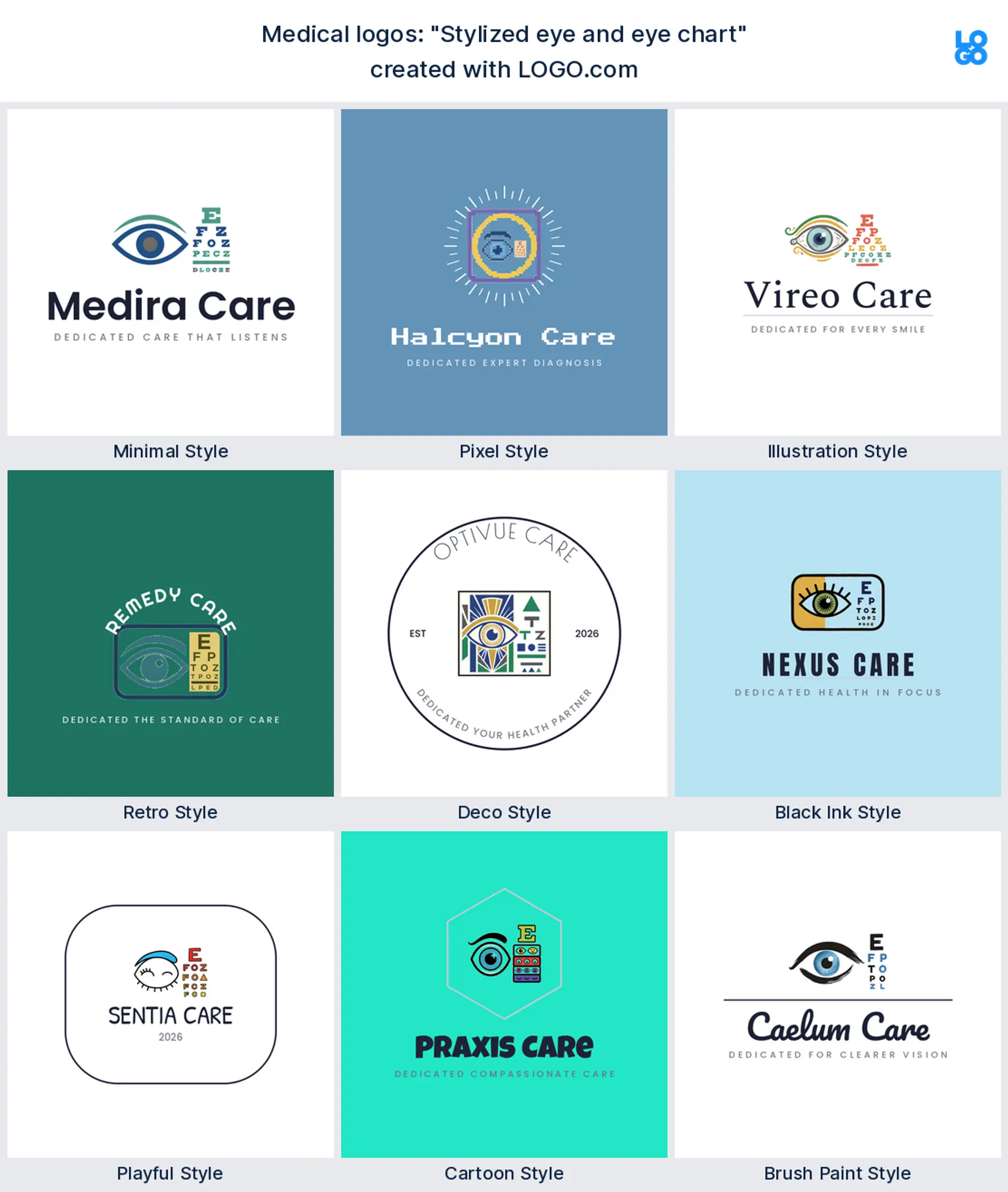 The "Stylized eye and eye chart" medical logo idea shown across nine LOGO.com styles
