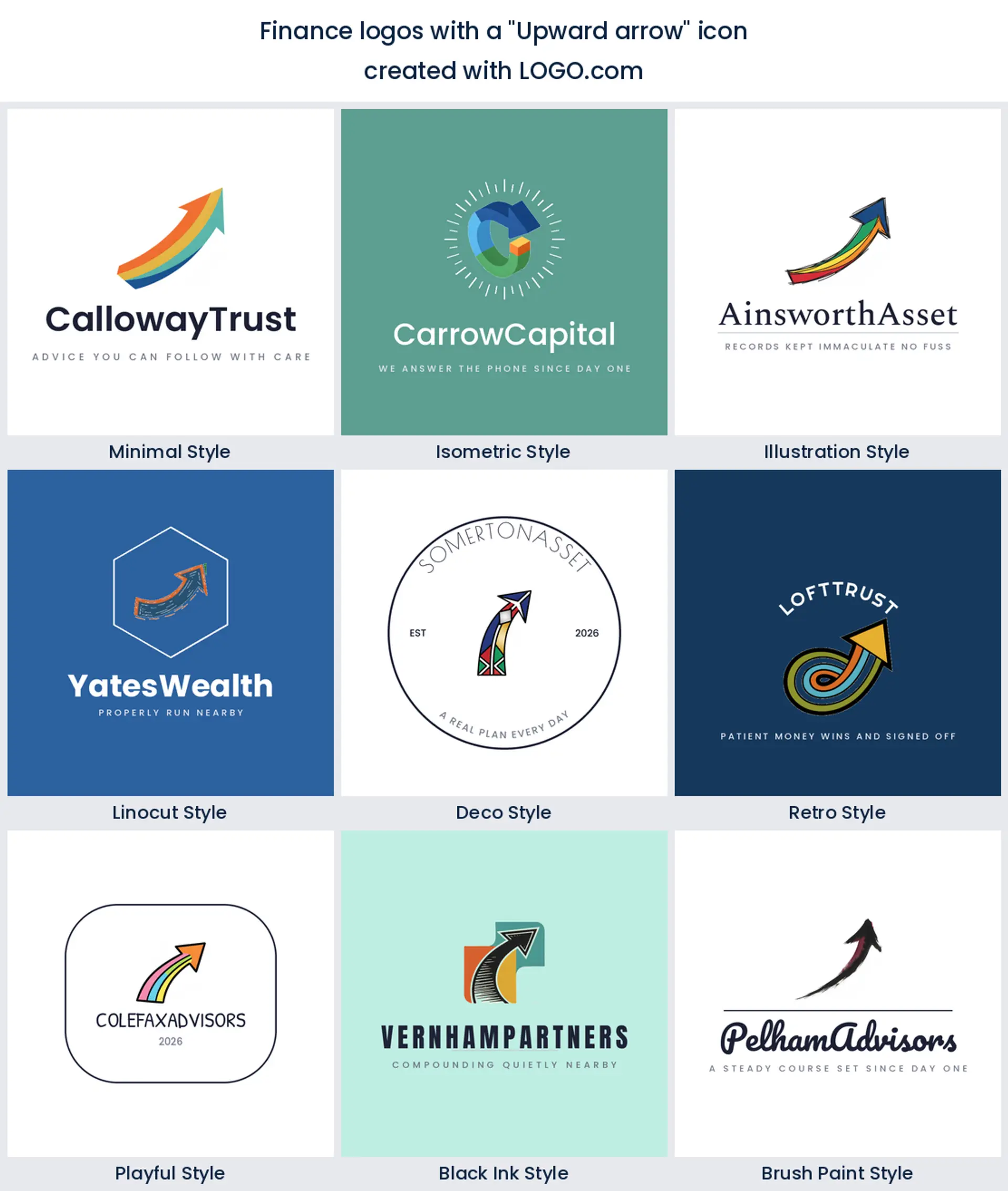 Nine styles of financial services logo built on a single upward arrow