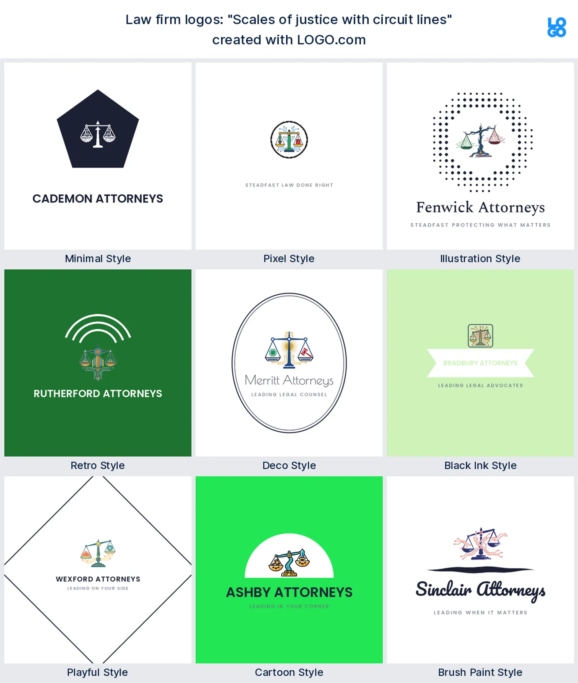 The "Scales of justice with circuit lines" legal logo idea, shown across nine styles on LOGO.com