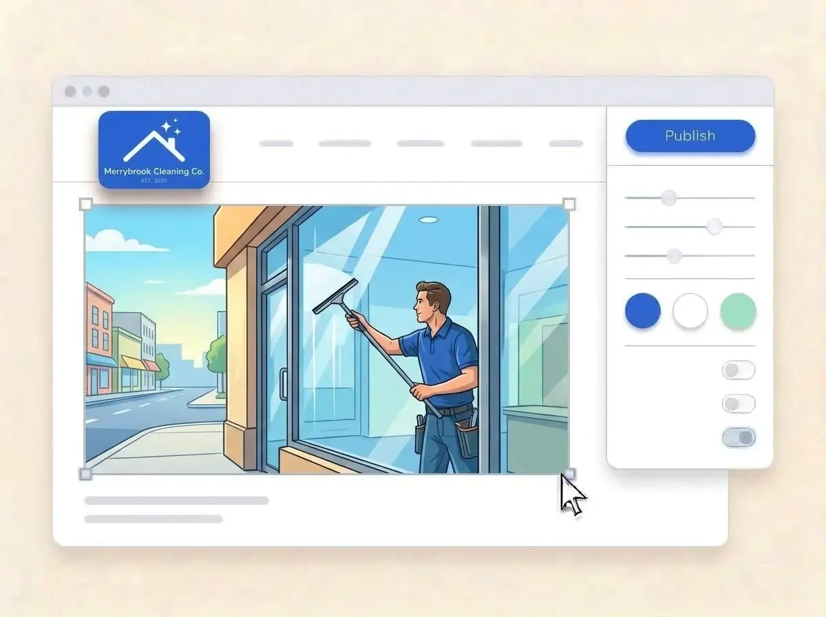 Editing the Merrybrook Cleaning Co. website with a photo of a window cleaner polishing a shop window selected, the style panel open and the Publish button ready