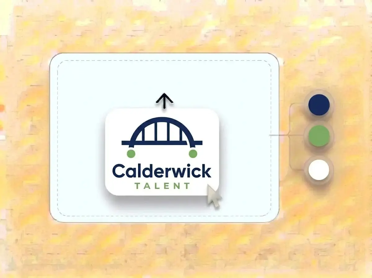 Calderwick Talent logo, a navy arch bridge joining two green dots, on a white card dropped into the LOGO.com upload box with its colors pulled out as swatches