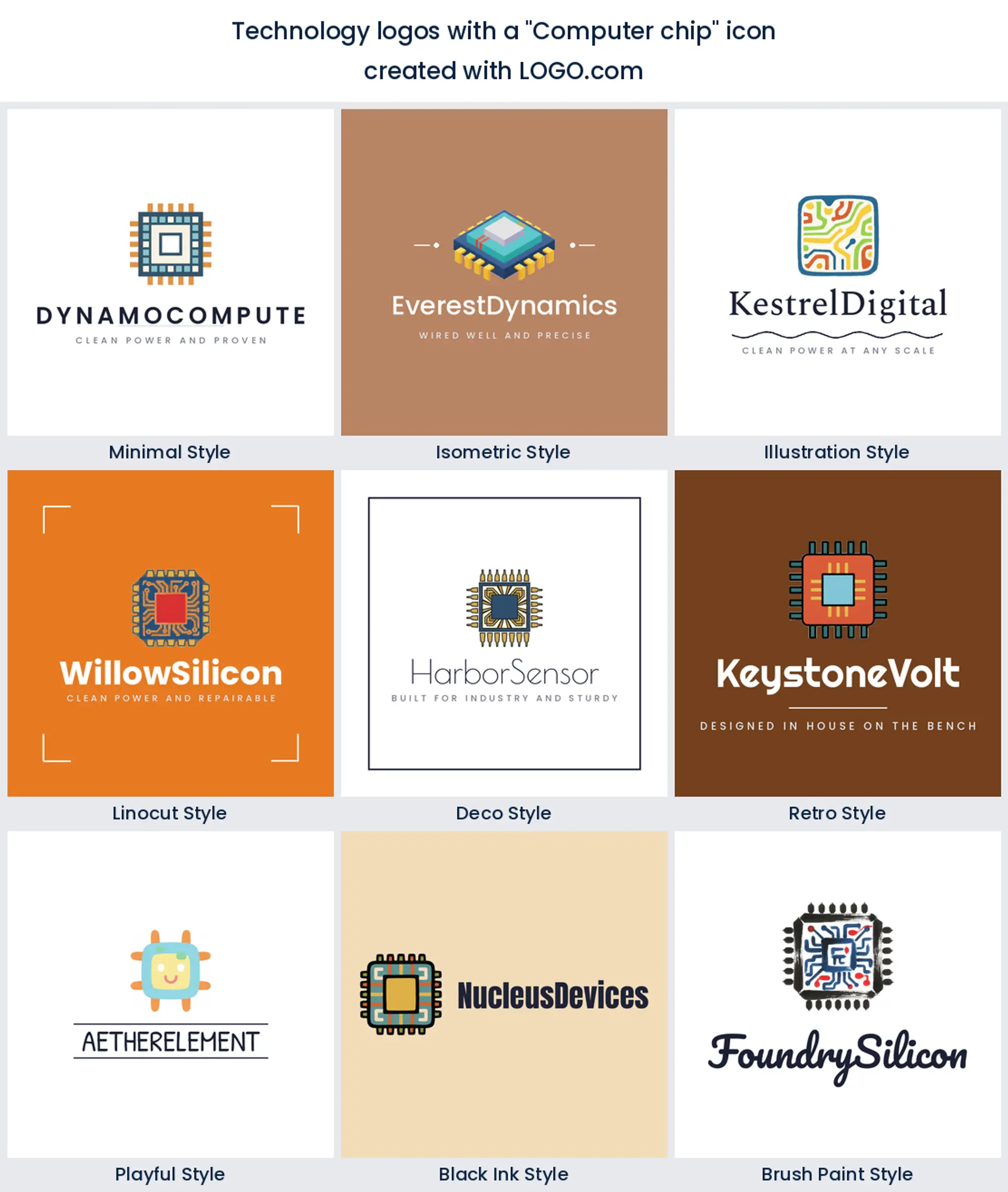 Computer chip technology logo shown in nine LOGO.com styles.