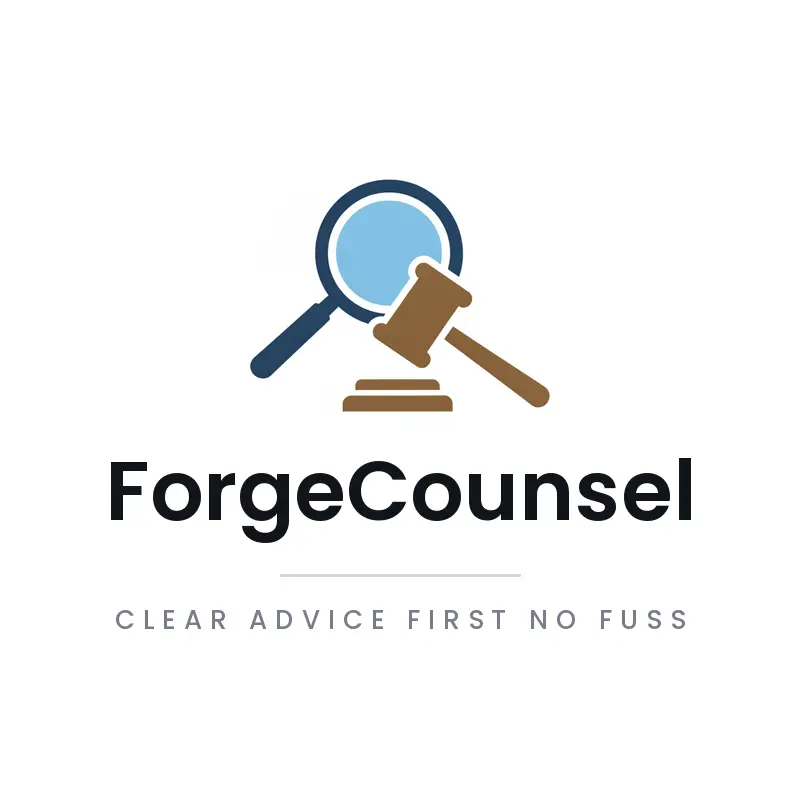 Minimal lawyer logo with a magnifying glass over a gavel for ForgeCounsel